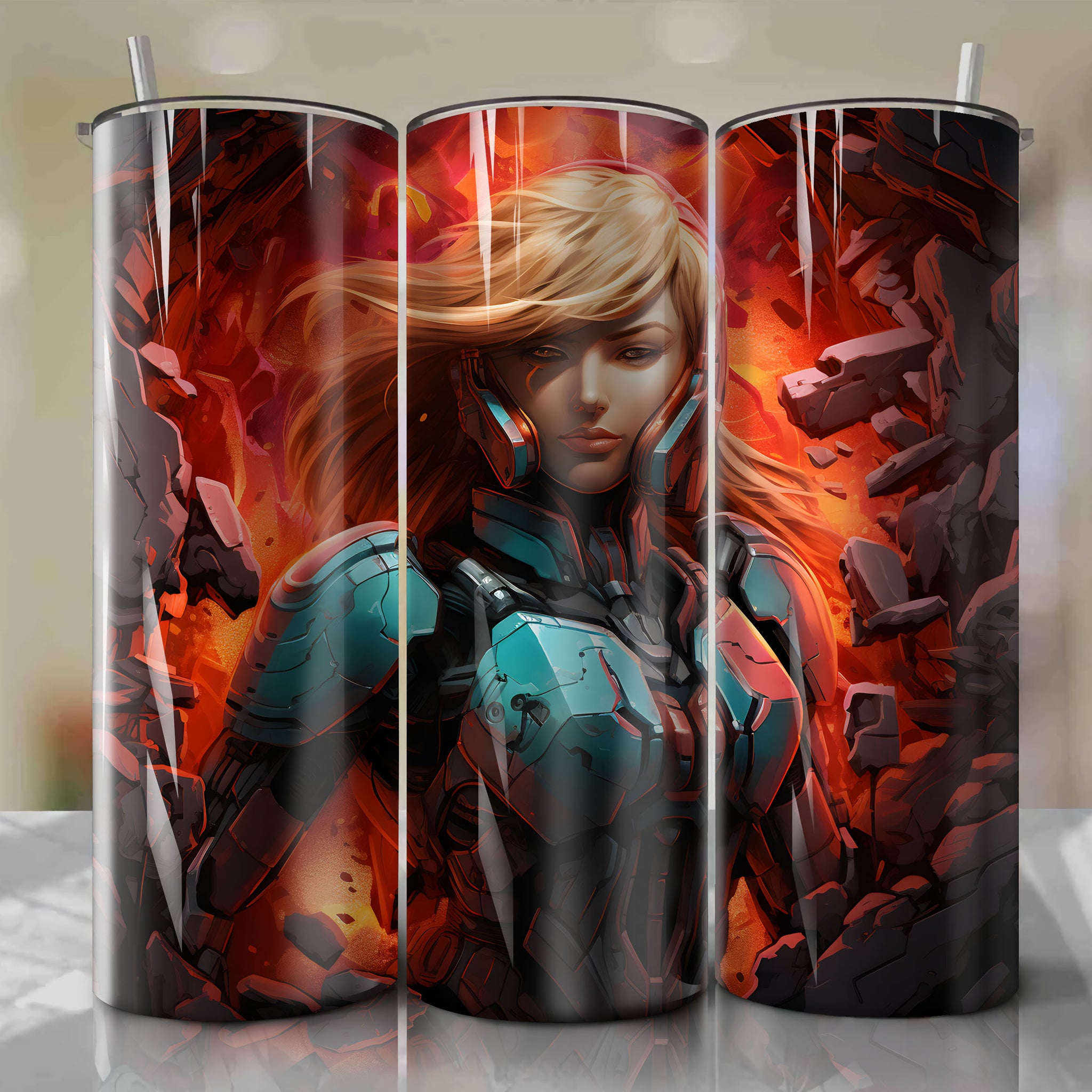 Samus Aran 20 Oz Tumbler Wrap - Fearless Bounty Hunter Artwork by Dan Mumford
