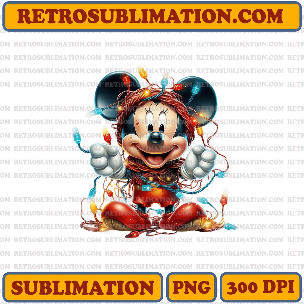 Comical Christmas Mickey Mouse - Tangled Lights - Festive Sublimation PNG Download
