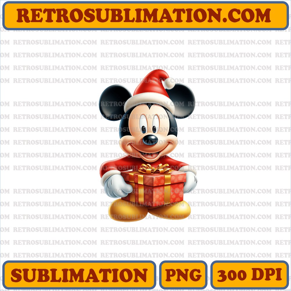 Excited Christmas Mickey Unwrapping Gift - Funny Surprised Expression - High Contrast Sublimation PNG Download
