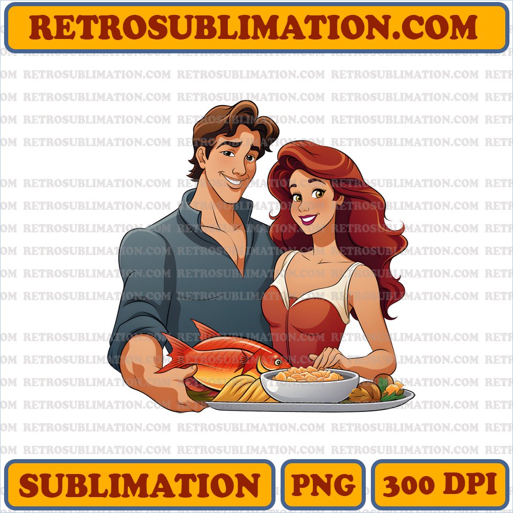 Ariel and Prince Eric's Magical Thanksgiving Celebration - Digital Download PNG Sublimation Art
