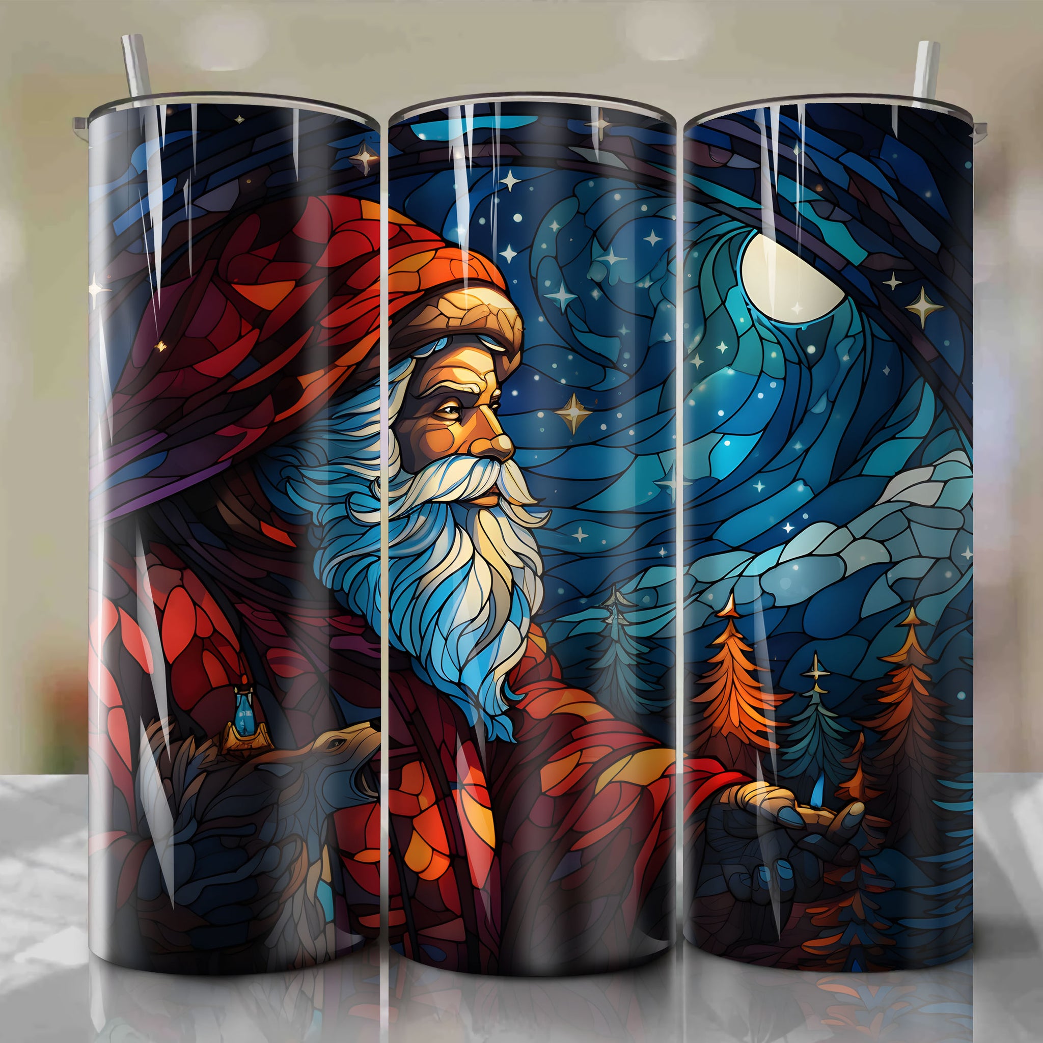 Stunning Stained Glass Artwork: Santa and Reindeer in a Starry Night Sky
