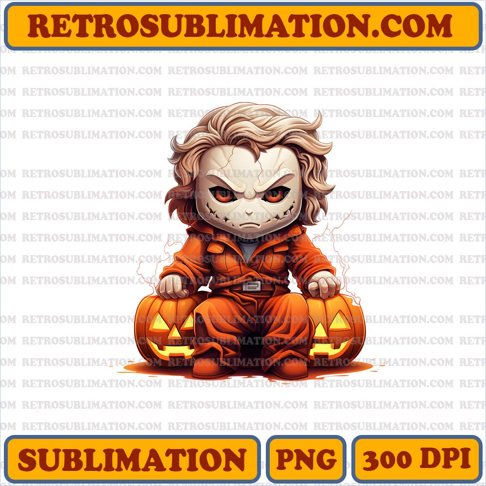 Halloween Delight - Playful Chibi Michael Myers Carving Pumpkin - Digital Download PNG
