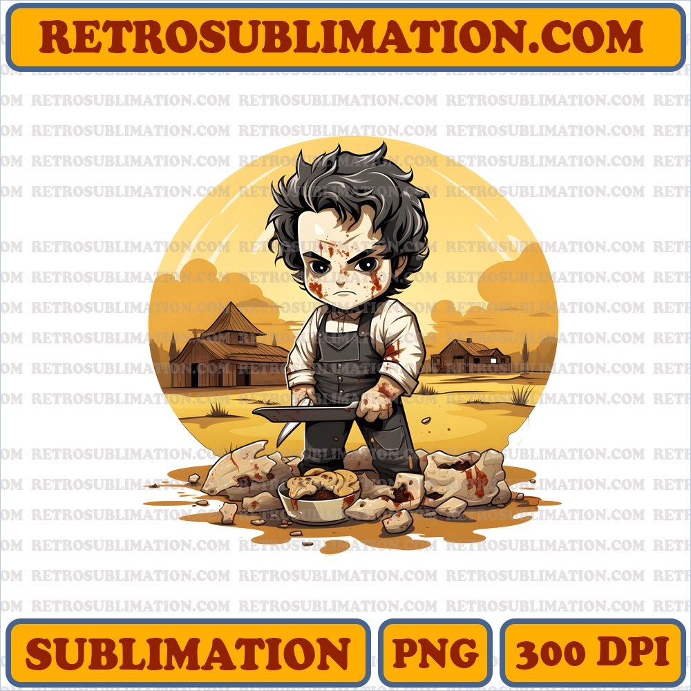 Leatherface Sublimation PNG Digital Download - Chibi Leatherface Preparing for Feast in Texas Countryside - Unique Bootleg Style - Vibrant Primary Colors - Maximum Contrasts
