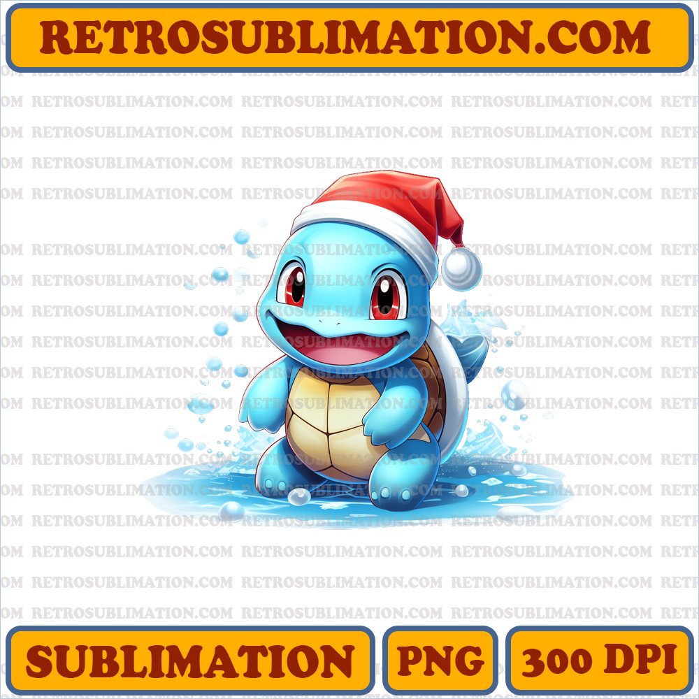 Charming Squirtle Santa Hat Sublimation - Cartoon Blue Shell - High-Contrast PNG Download
