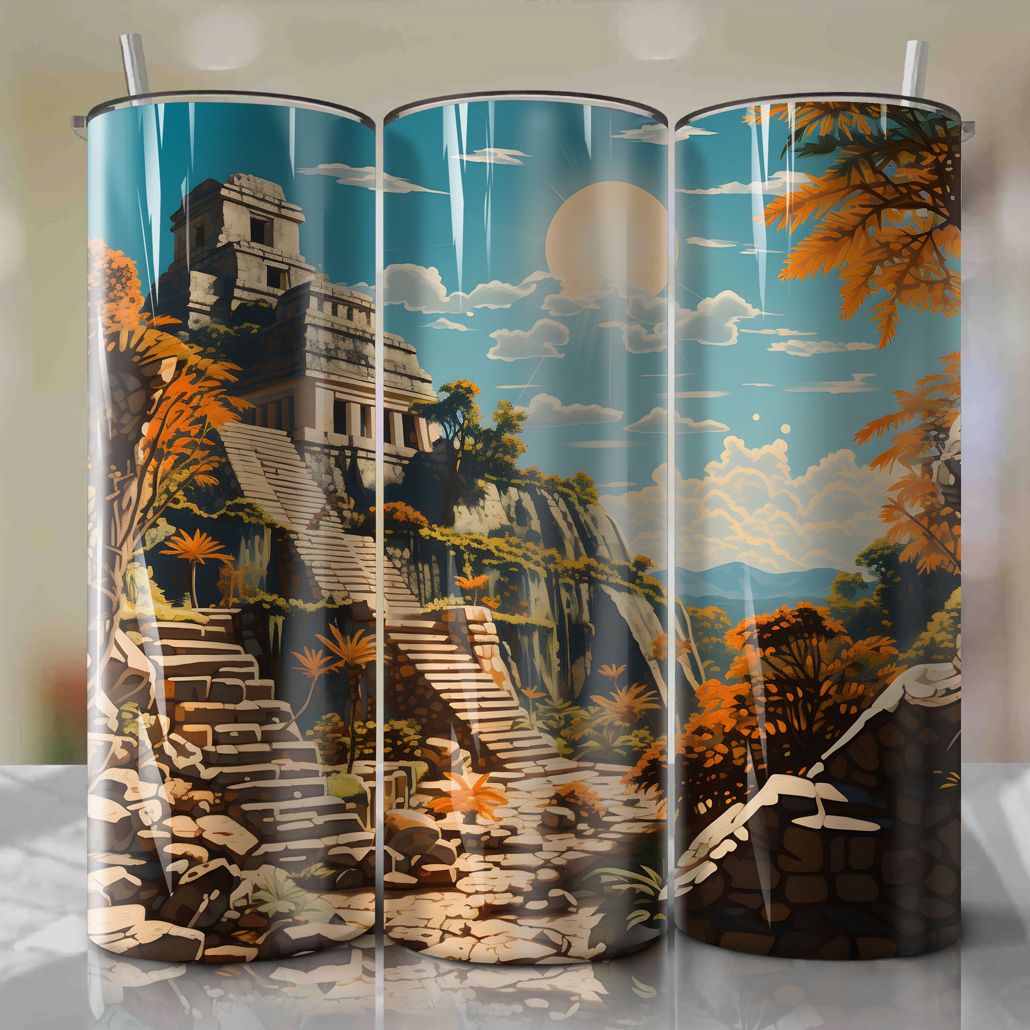 Vibrant Pop Art Inspired Tumbler Wrap - Palenque, Mexico in Autumn
