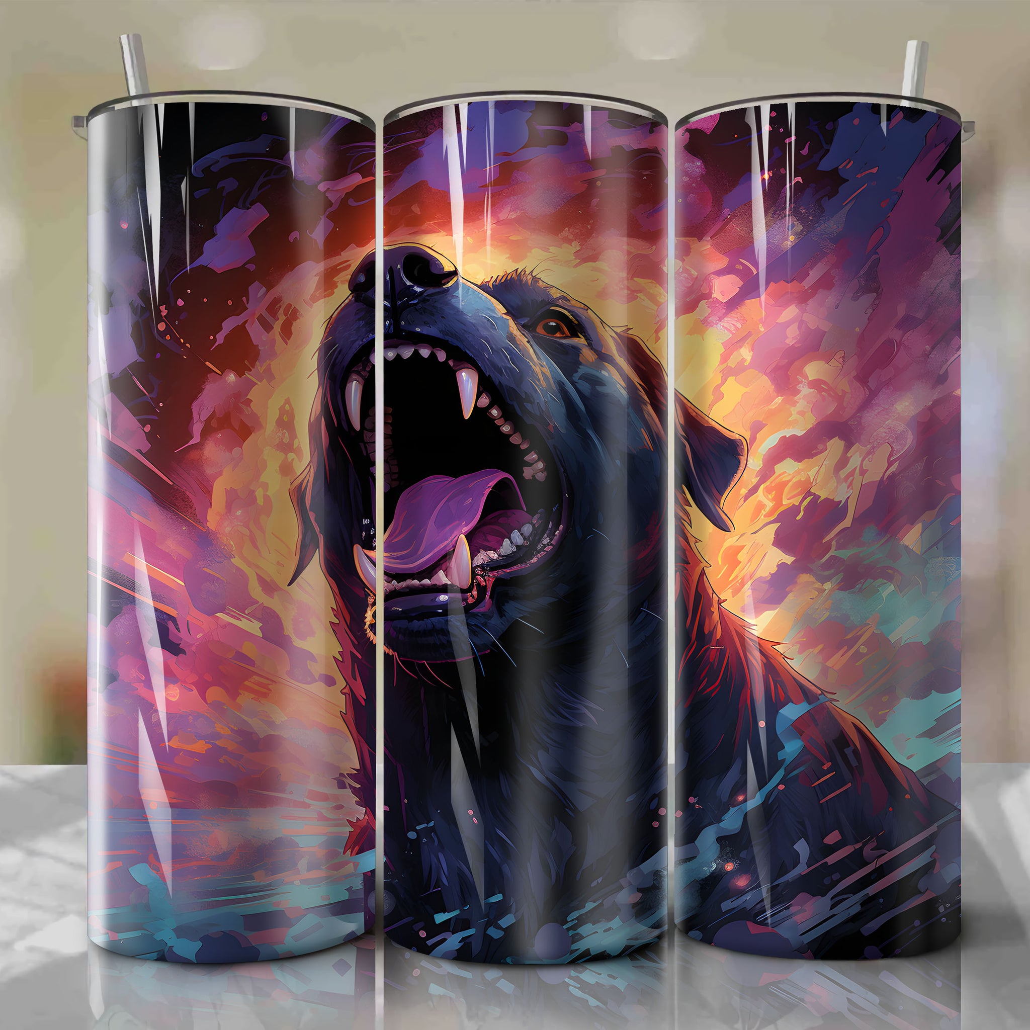 Loyal Inhuman Canine Leaps into Action on Vibrant 20 Oz Tumbler Wrap
