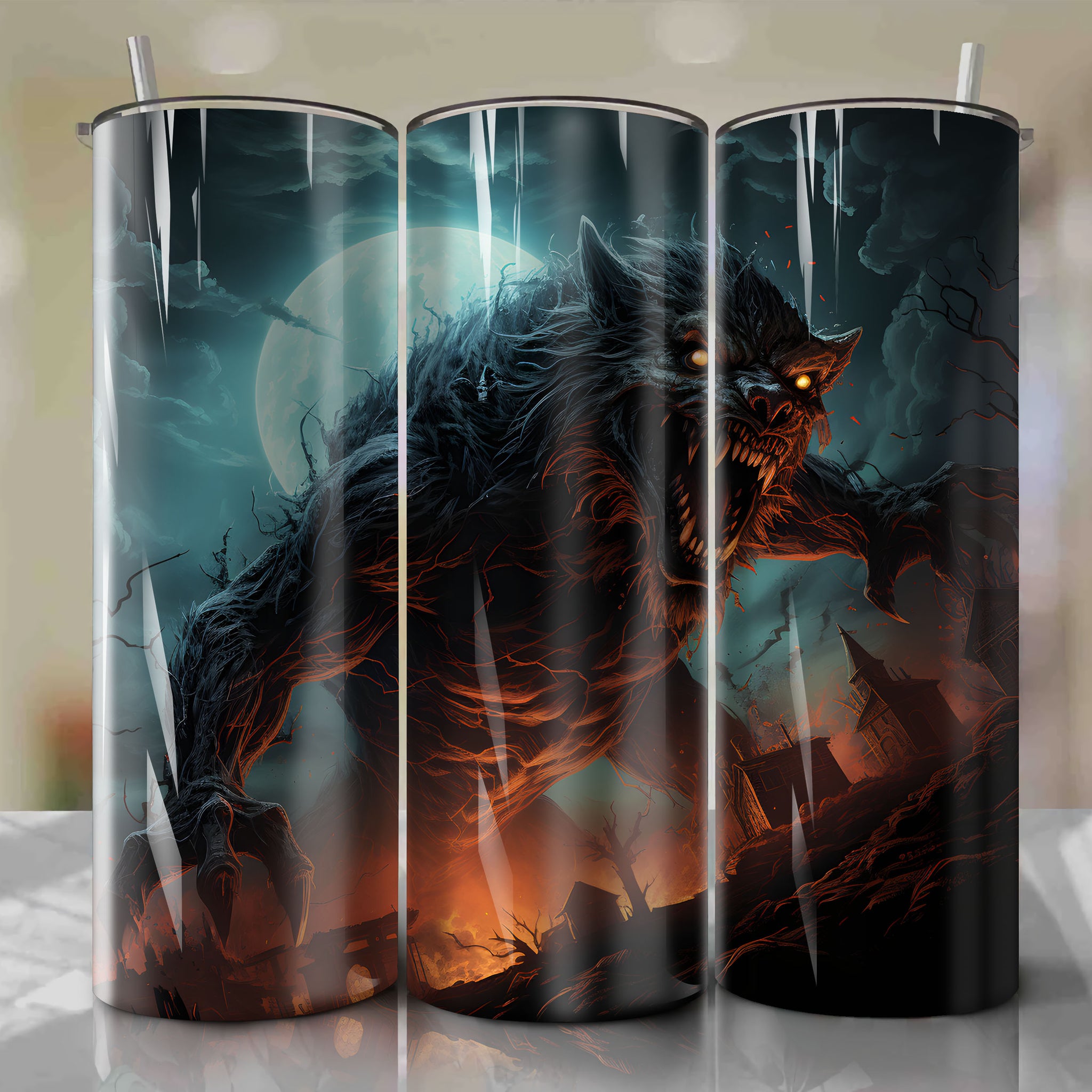 Fearsome Werewolf Unleashed: 20 Oz Tumbler Wrap with Dan Mumford's Haunting Artwork
