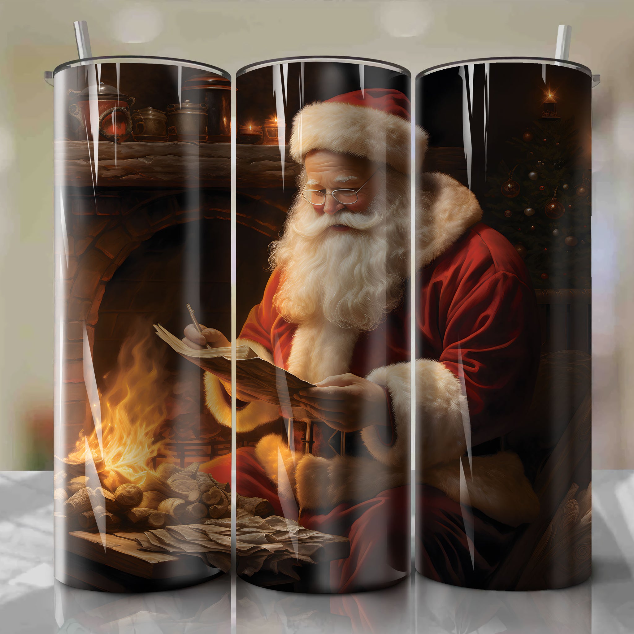 Incredible Tumbler Wrap Depicting Santa's Magical Fireplace and Generosity
