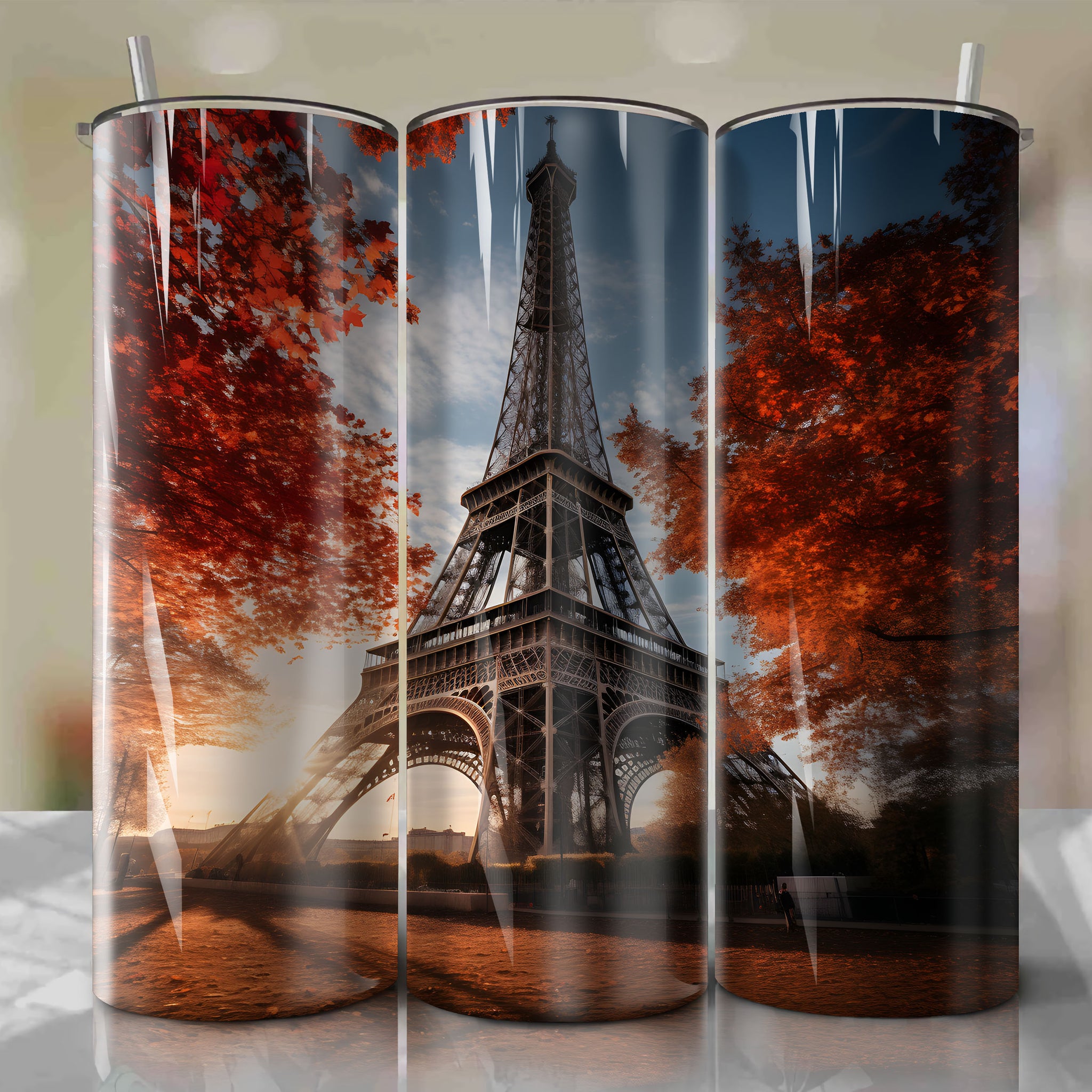 Tumbler Wrap: Eiffel Tower in Autumn Light - Low Angle Shot with Watercolor Techniques
