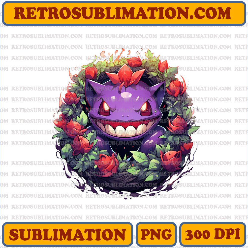 Gengar Holiday Wreath Hijinks - Mischievous Ghost Cartoon - PNG Digital Download
