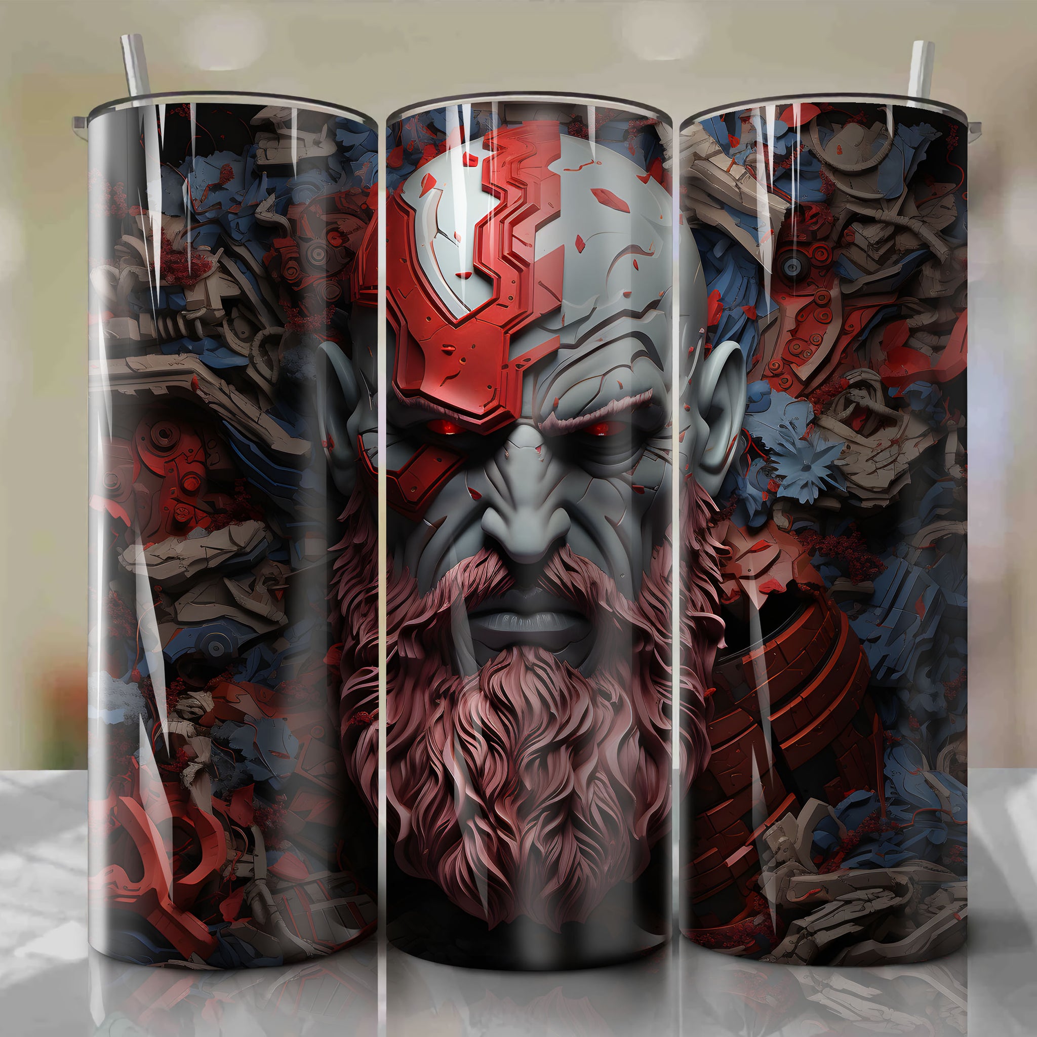 Intense 3D Kratos Illustration on 20 Oz Tumbler Wrap - Capture the Ferocity of God of War Series
