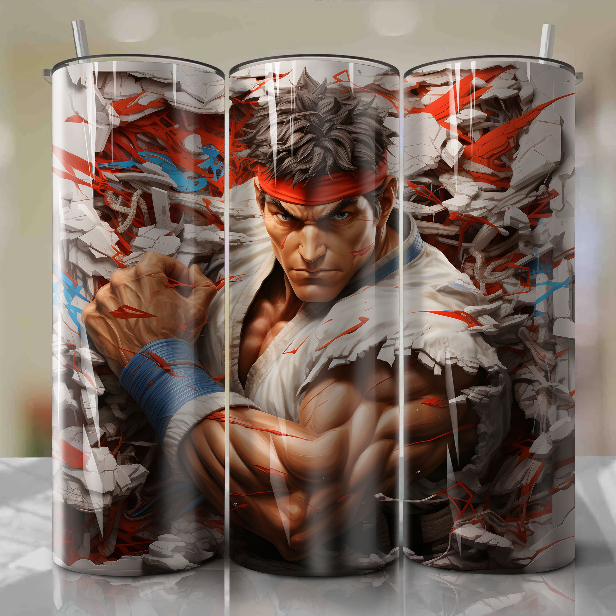 Vibrant 3D Ryu Artwork: Martial Artist Breaking Through Cracked Wall - Perfect for 20 Oz Tumbler Wrap
