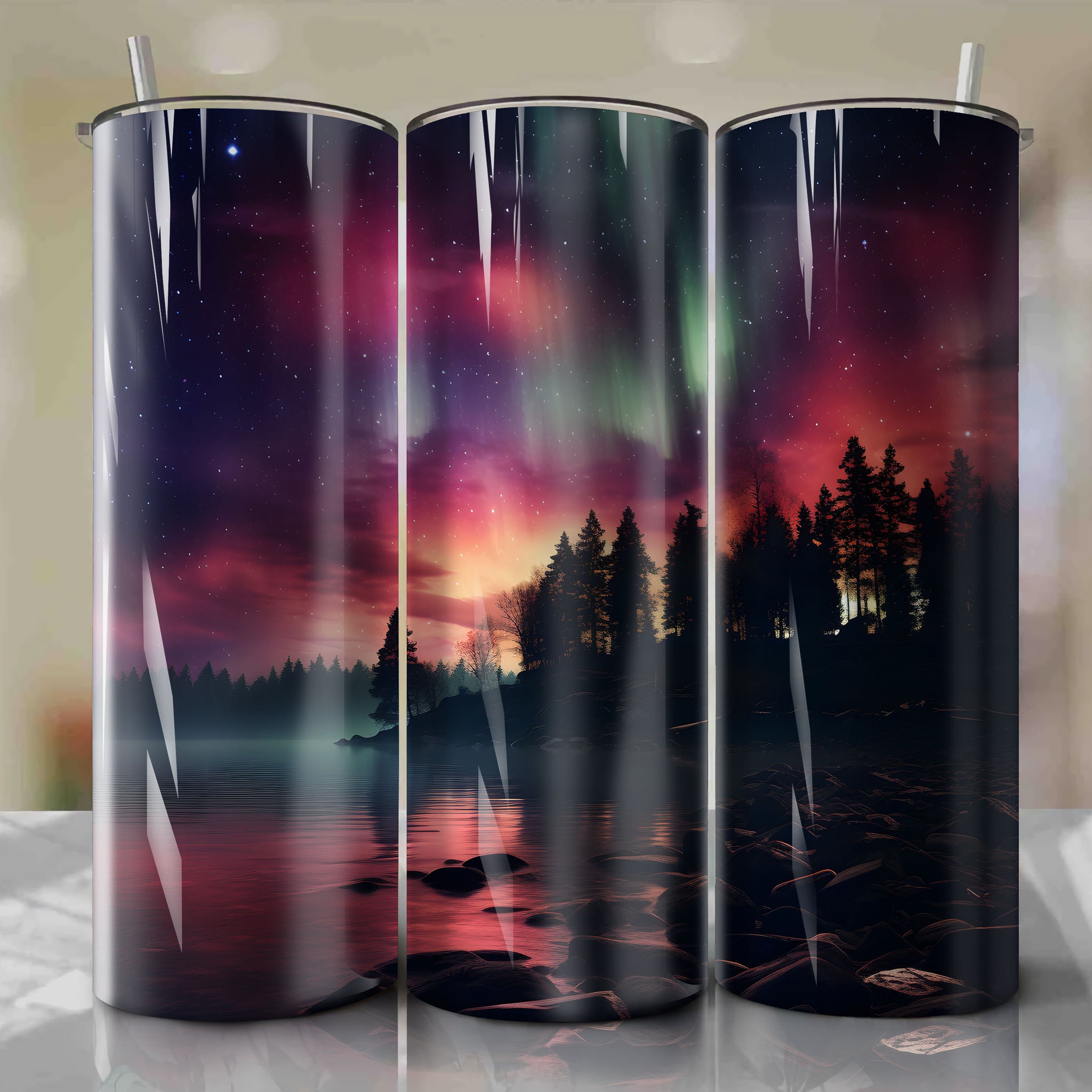 Capturing the Magical Dance of Aurora Borealis at Dusk: A Tumbler Wrap of Autumn's Enchanting Display
