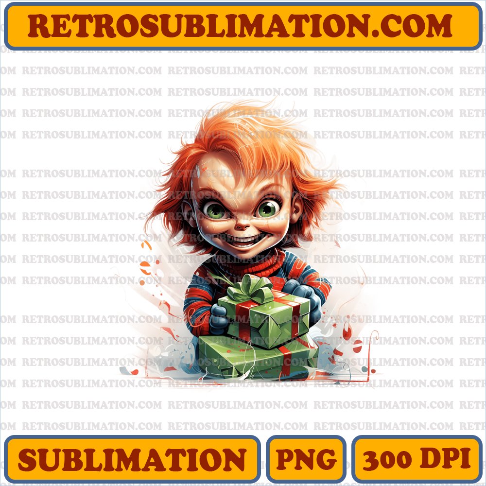 Christmas Chucky Unwrapping Present - Mischievous Grin - Sublimation PNG Download
