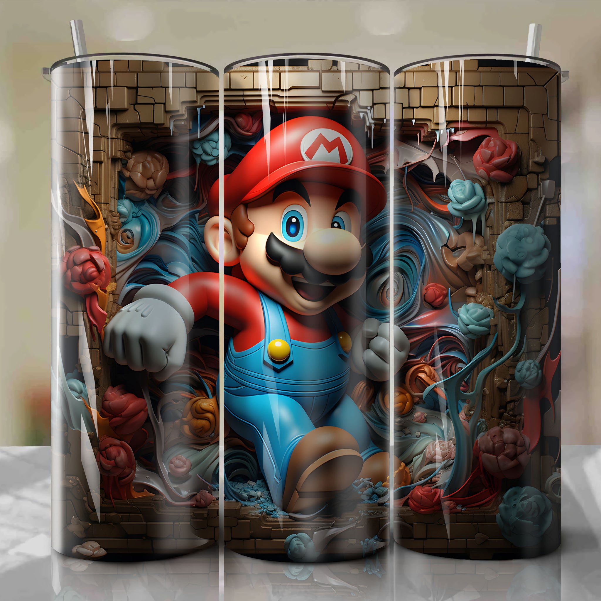 Energetic Mario 20 Oz Tumbler Wrap: Bursting Through Crumbling Surface in Vibrant 3D Style
