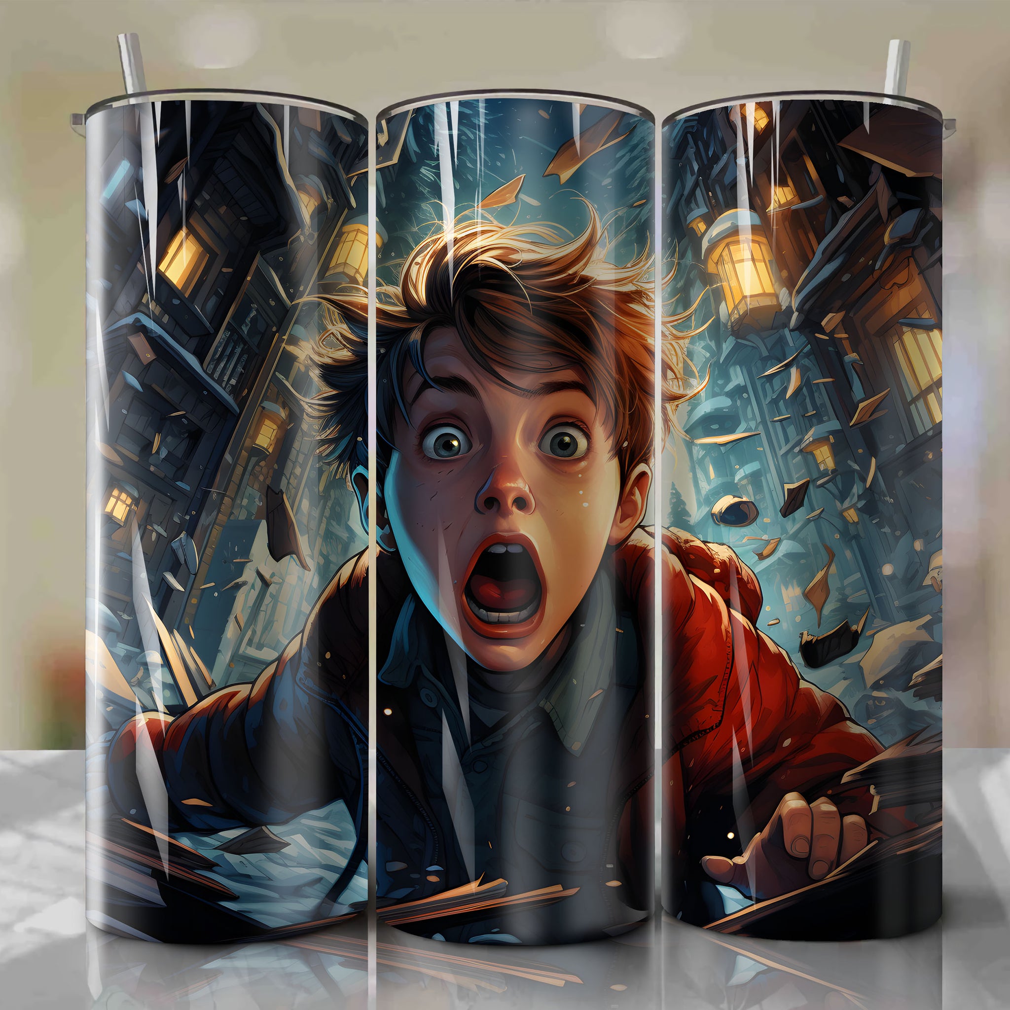 Tumbler Wrap: Home Alone's Resourceful Kevin McCallister in a Dynamic Comic Book-Style Illustration
