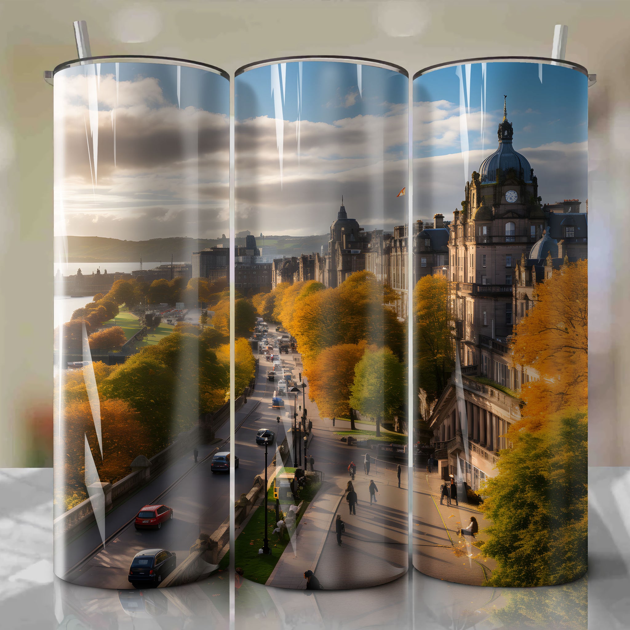 Tumbler Wrap: Edinburgh Scotland Autumn - Light Breeze - Panoramic Shot - Medium ISO - f/11 Aperture - Creative Drawing Pastels
