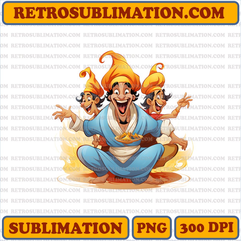 Magical Thanksgiving Genie with Aladdin and Abu - Digital Download Sublimation PNG - Bootleg Style - White Background - Primary Colors - Maximum Contrasts
