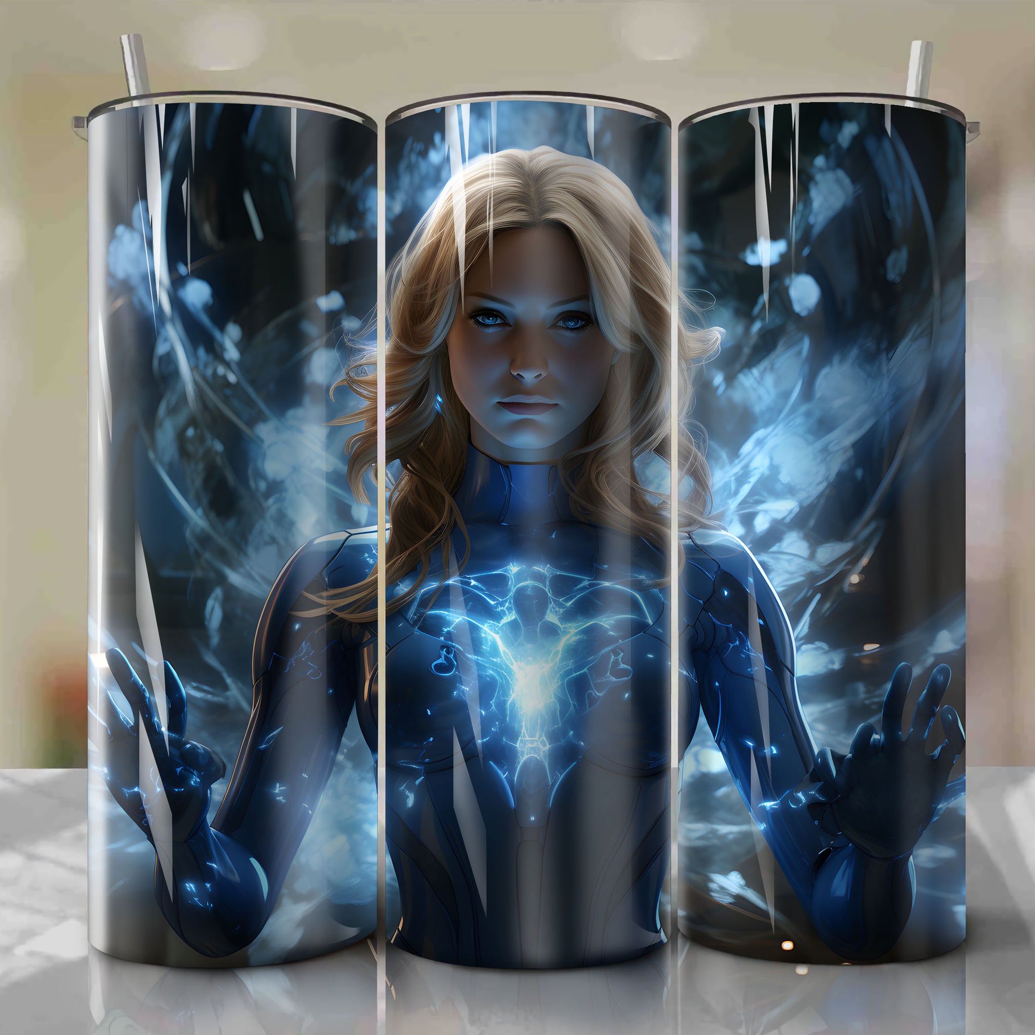 20 oz Tumbler Wrap: Invisible Woman's Grace & Strength in Stained Glass Artwork
