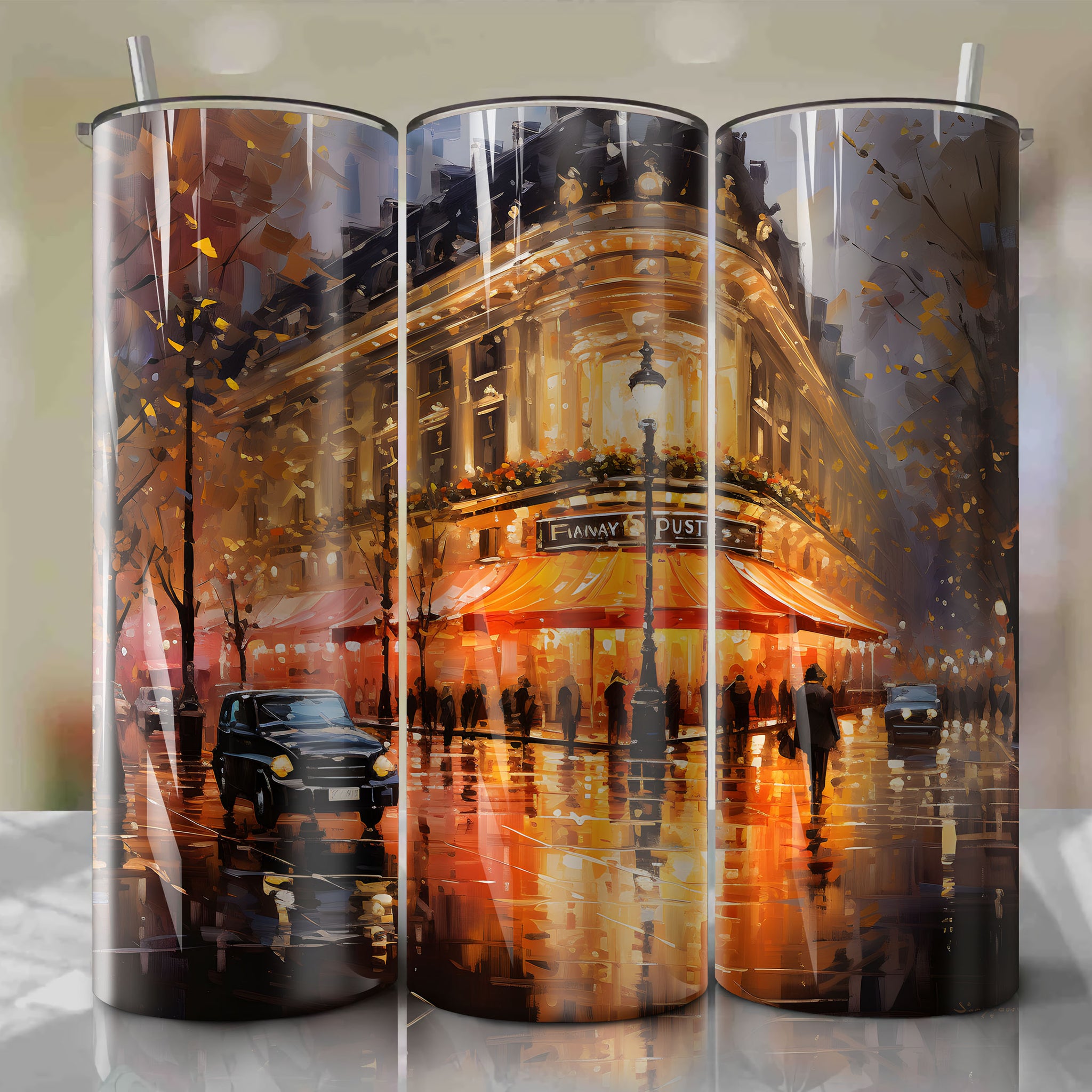 Rainy Autumn at Galeries Lafayette: Vibrant Acrylic Painting with Protective Cover
