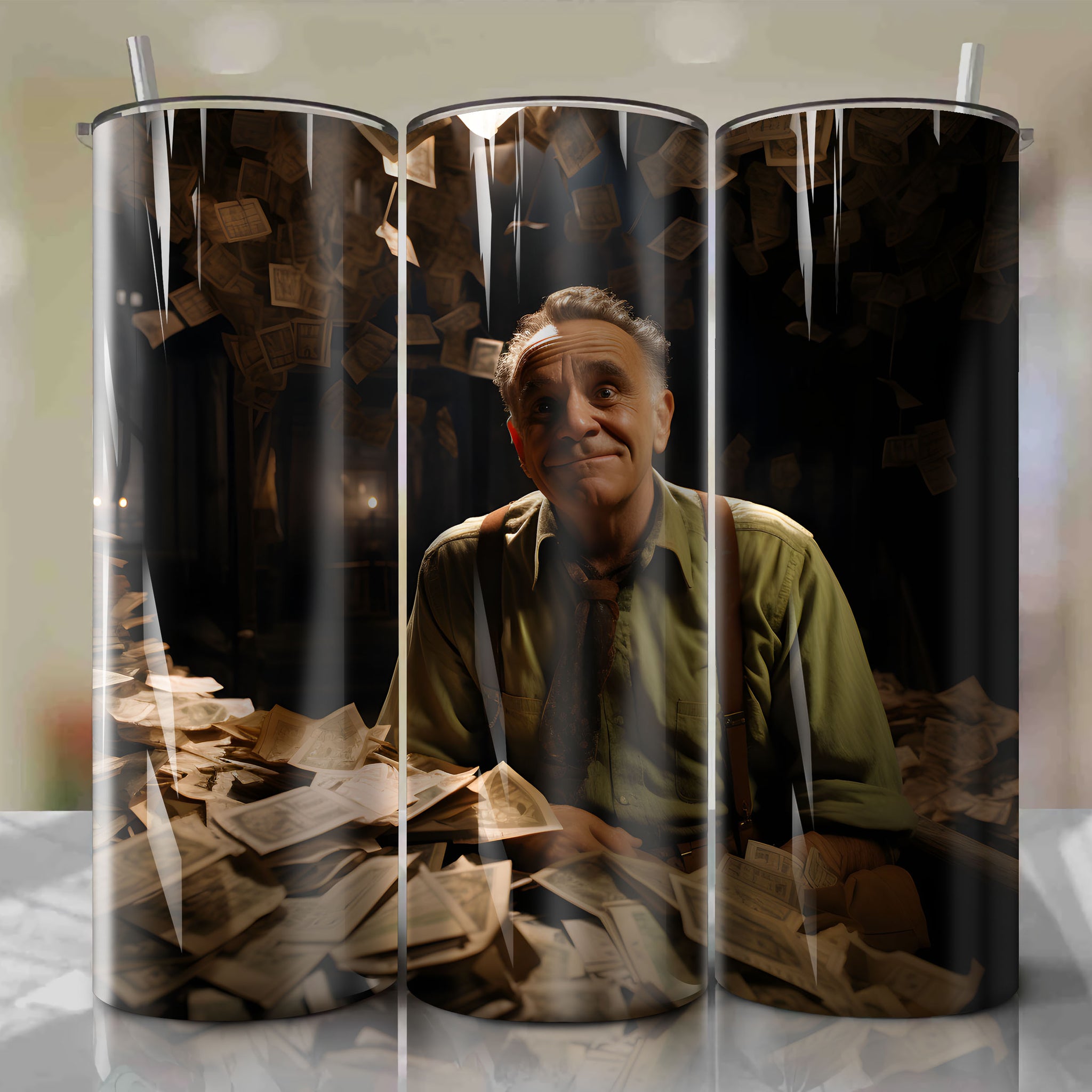 Tumbler Wrap: Uncle Billy Bailey Emerges from Bailey Building Loan's Storage Room in a Sentimental Mixed-Media Collage
