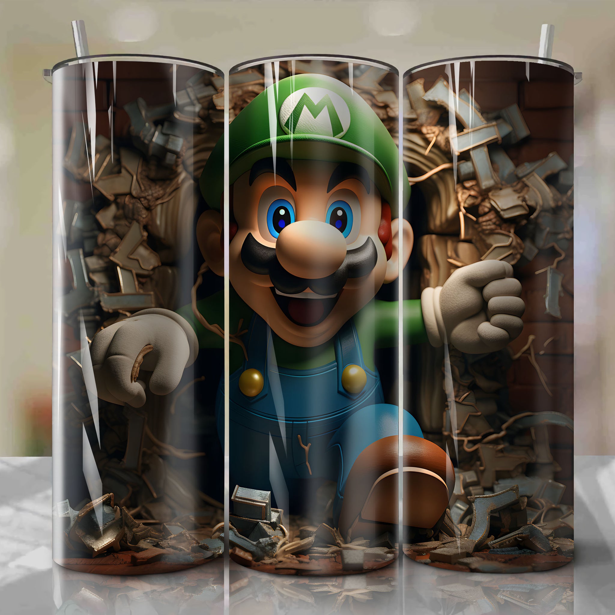 Haunted Castle: Luigi's Cracked Plaster Cast in 3D Illustration with Graffiti-Filled Background
