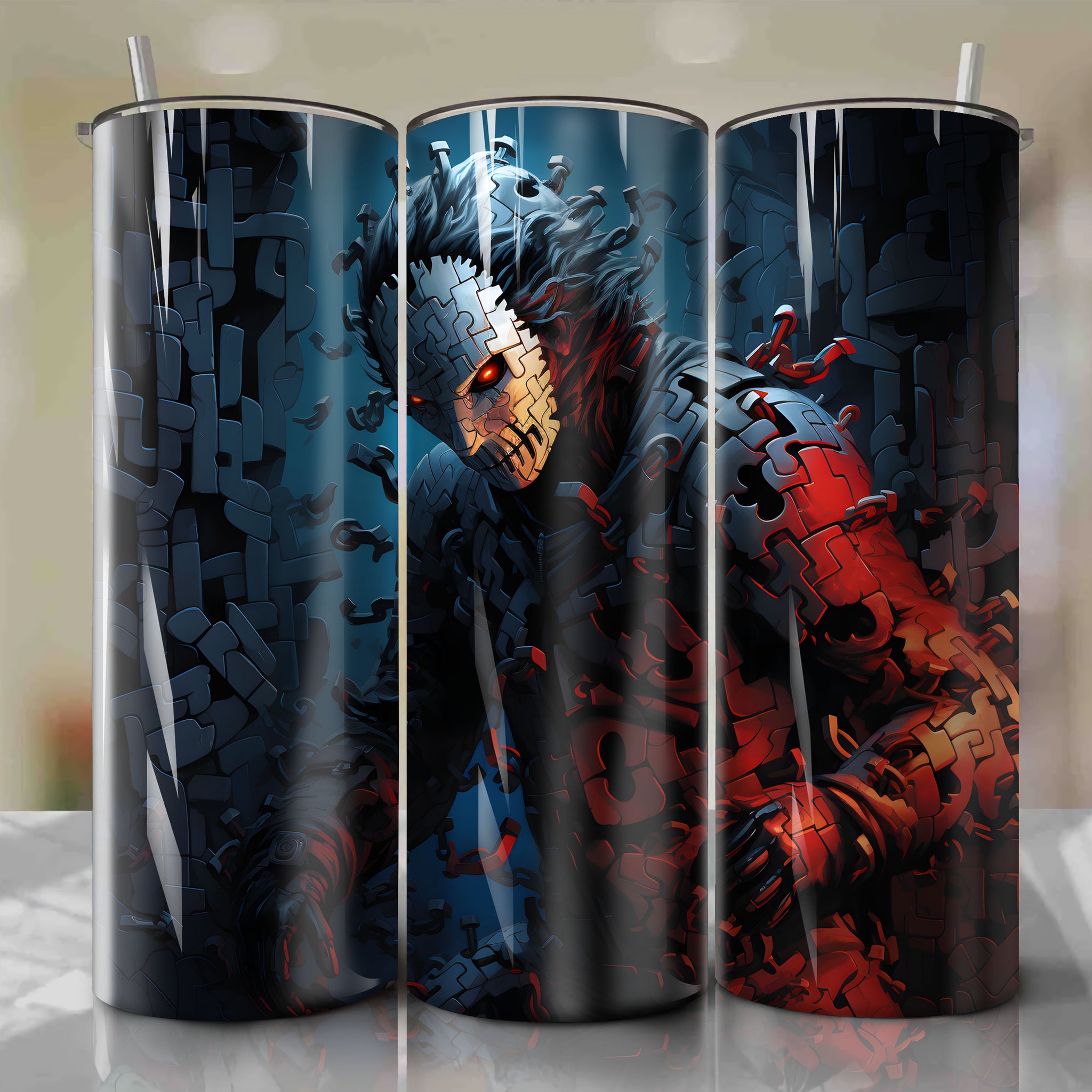 20 Oz Tumbler Wrap: Jigsaw's Menacing Escape - Dan Mumford's Intense 3D Illustration for a Macabre Halloween Atmosphere
