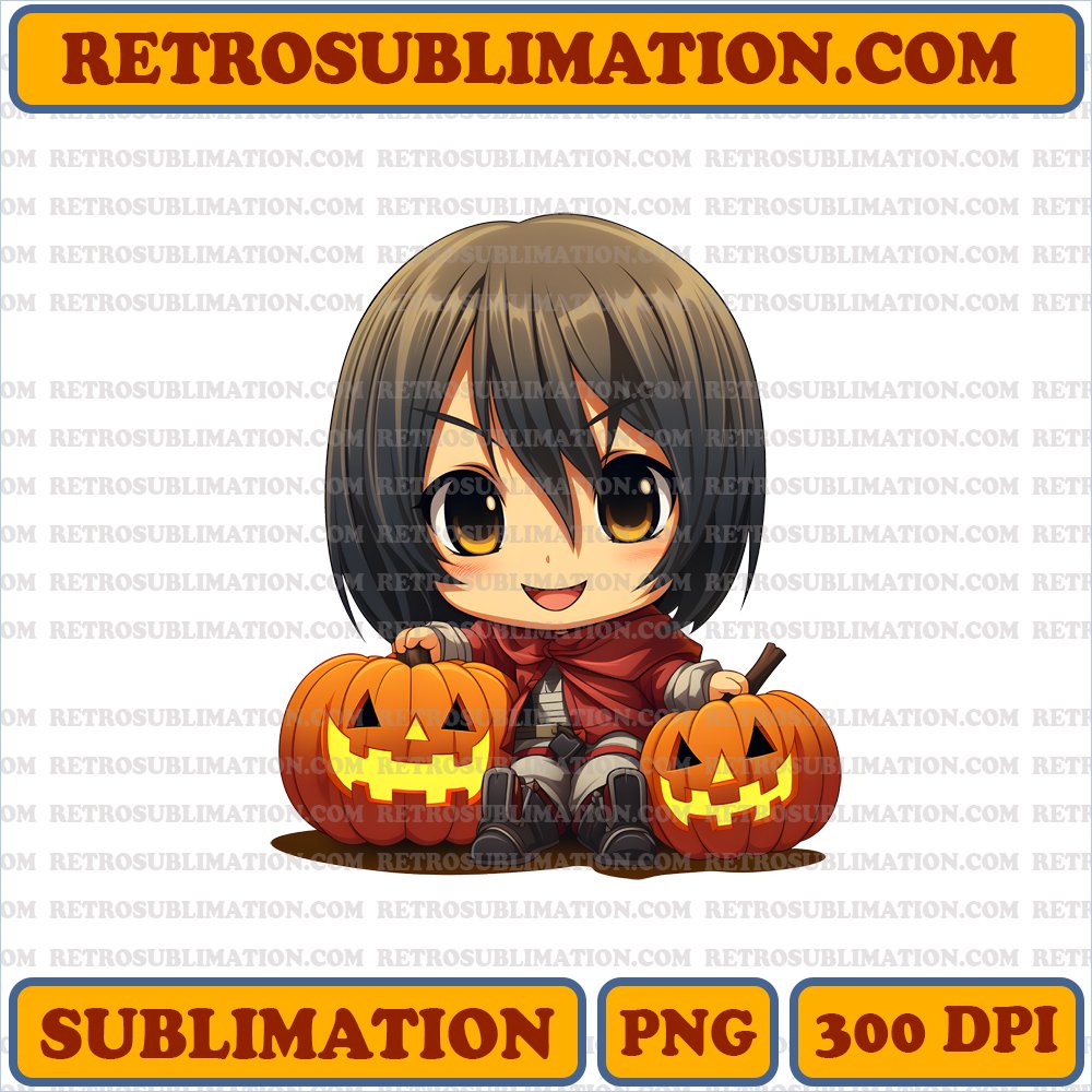 Whimsical Chibi Mikasa - Cheerful Jack-o'-Lantern Carver Digital Download PNG - Sublimation
