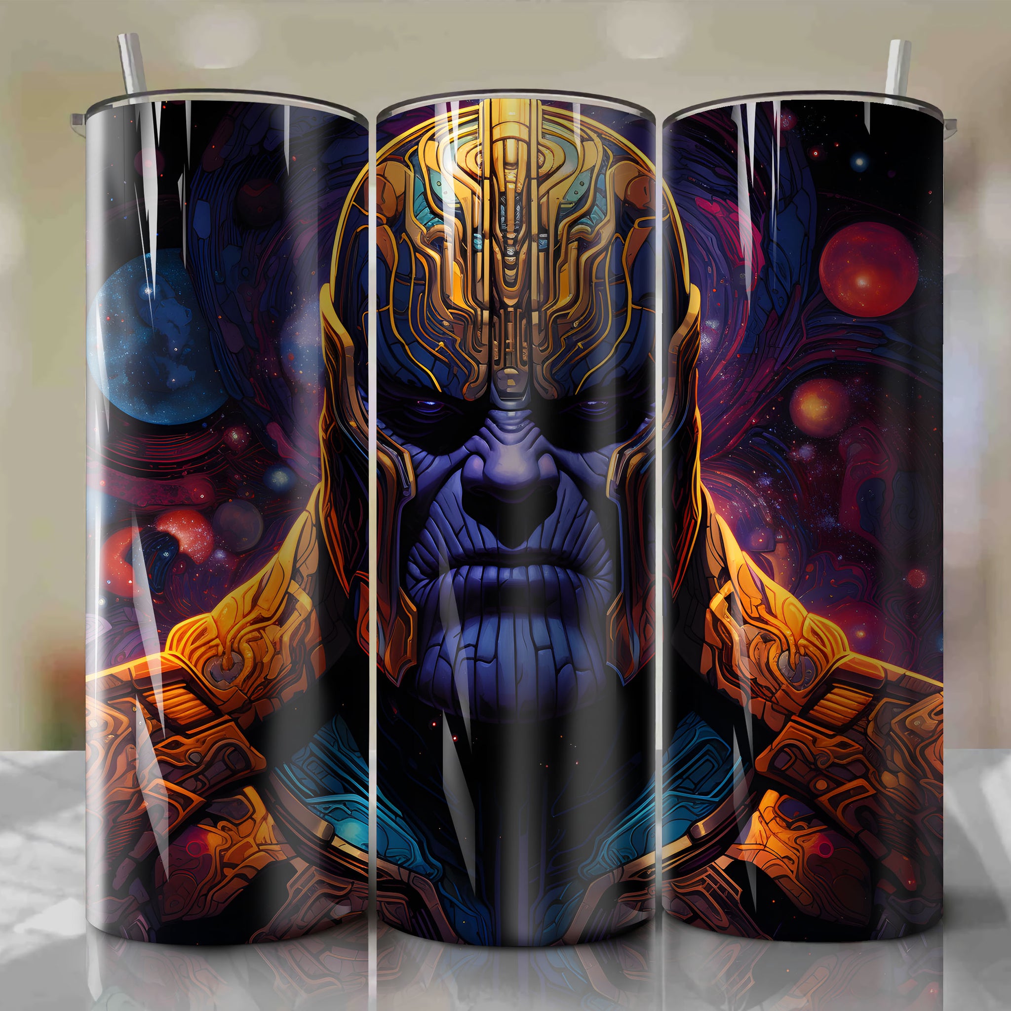 Captivating Thanos Artwork on 20 Oz Tumbler Wrap: A Visual Tribute to Cosmic Power and Ambition
