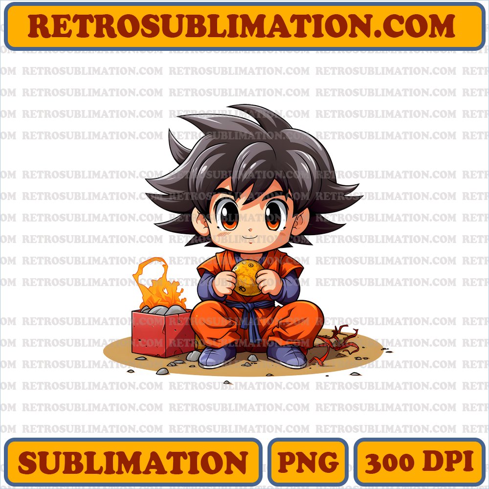 Curious Chibi Son Goku Examining Halloween Candy - Unique Digital Download - Sublimation - Creative & Whimsical PNG Art
