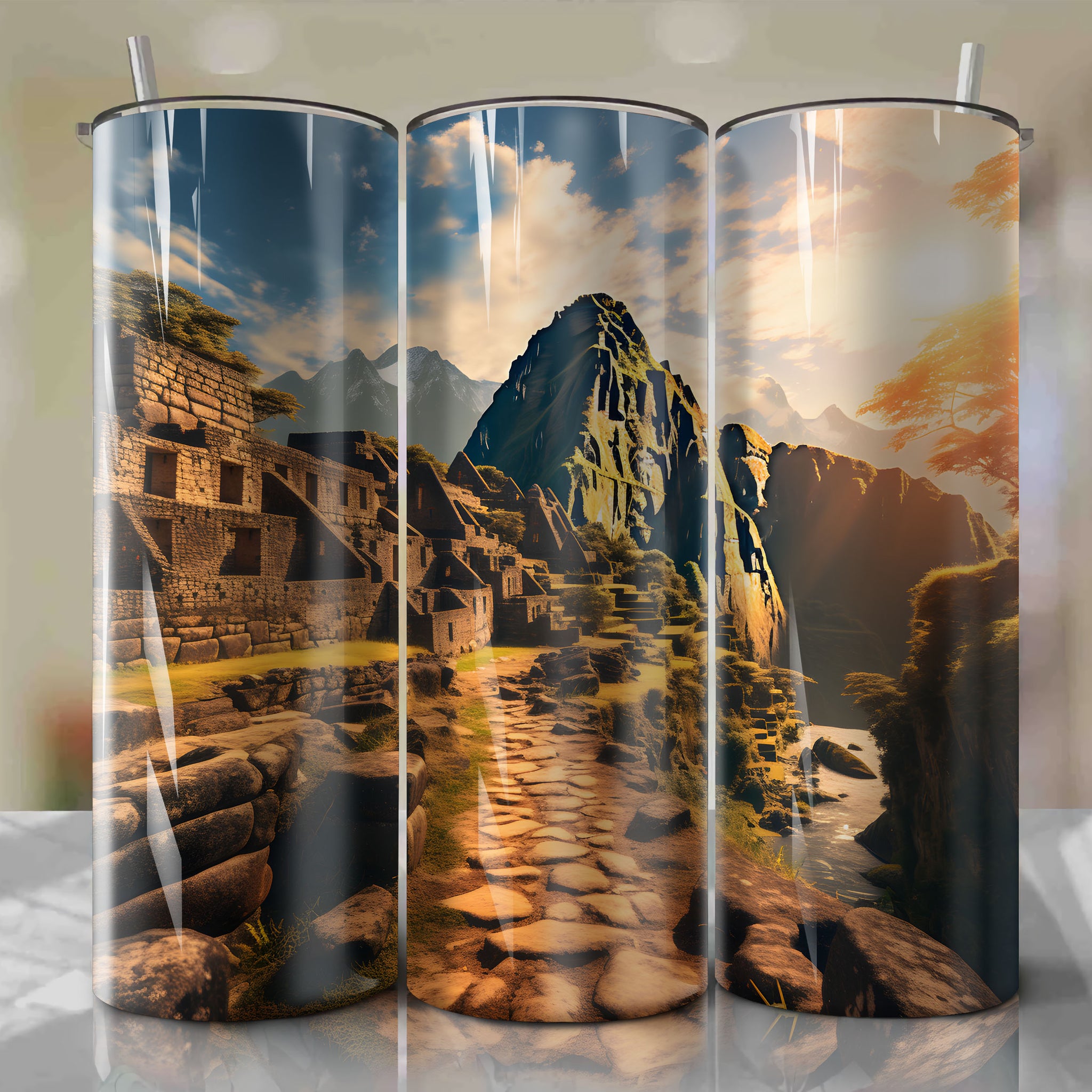 Tumbler Wrap: Machu Picchu in Autumn - Golden Hour Digital Art with Low ISO and f/16 Aperture
