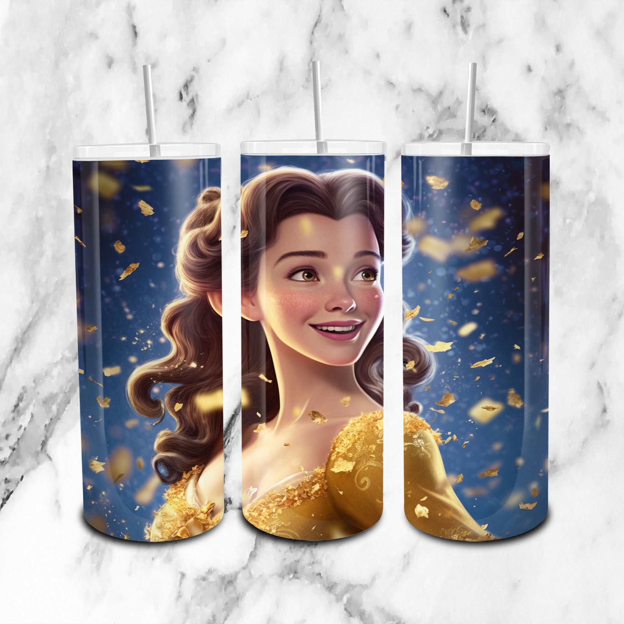 Belle Disney Glitter - Cartoon - 20oz Skinny Tumbler Wrap PNG - Sublimation - Instant Download