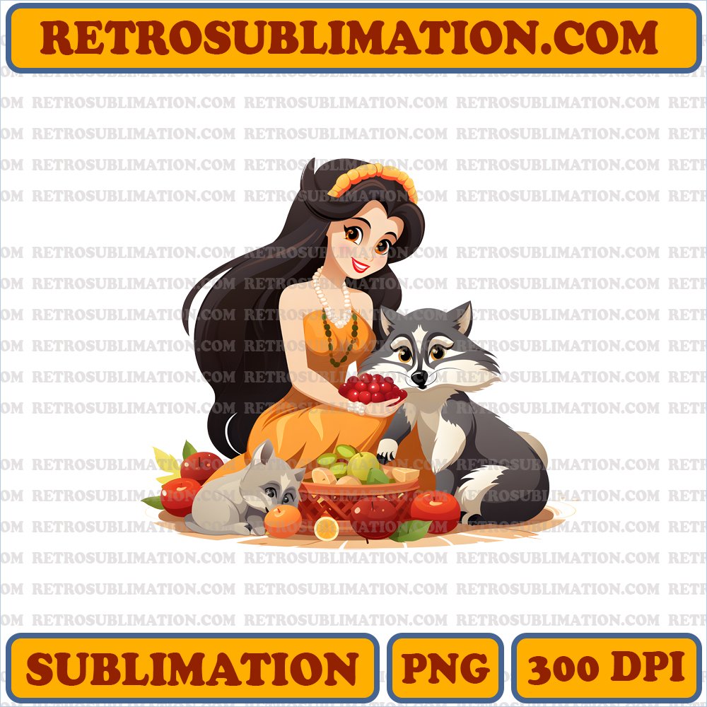 Thanksgiving Pocahontas Digital Download - Meeko & Flit Playfully Sharing a Cornucopia of Fruits & Nuts | Unique Sublimation PNG
