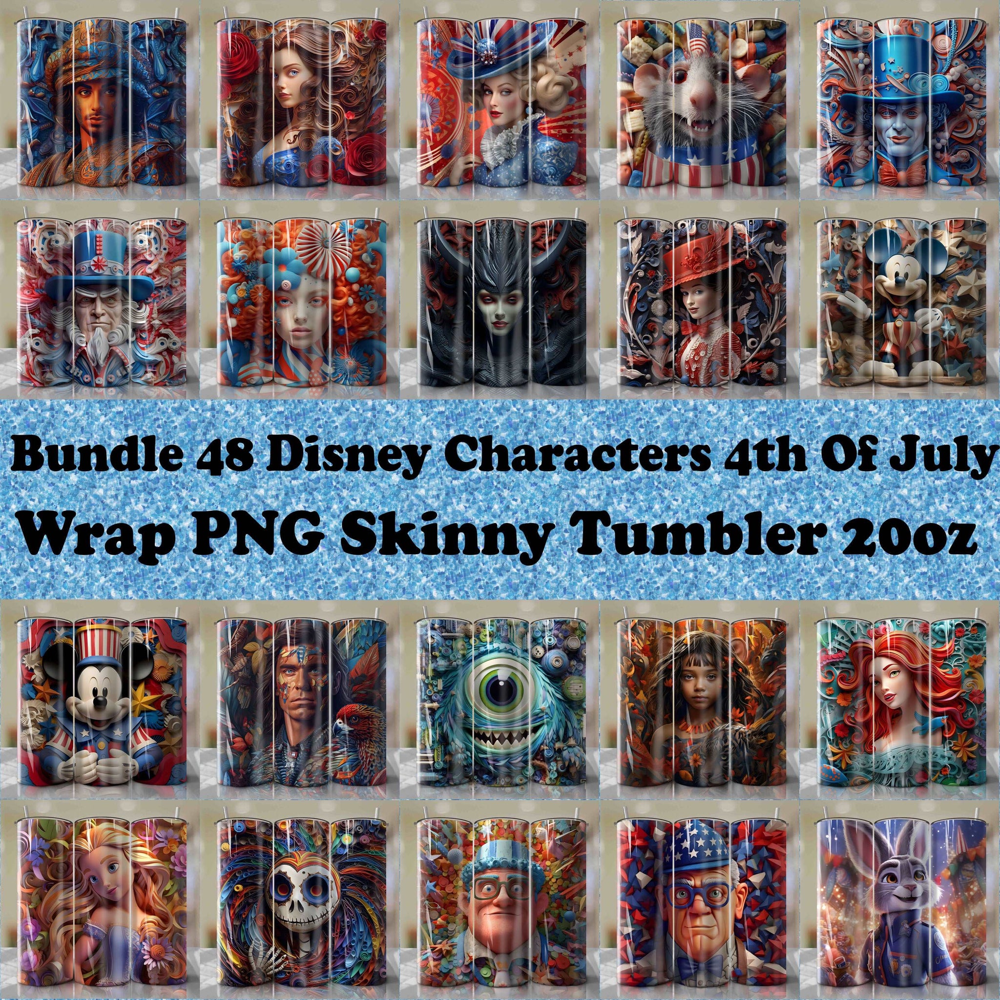 Bundle 48 Star Disney Characters PNG Skinny Tumbler 20oz - Sublimation 3D 4th Of July | Digital Download