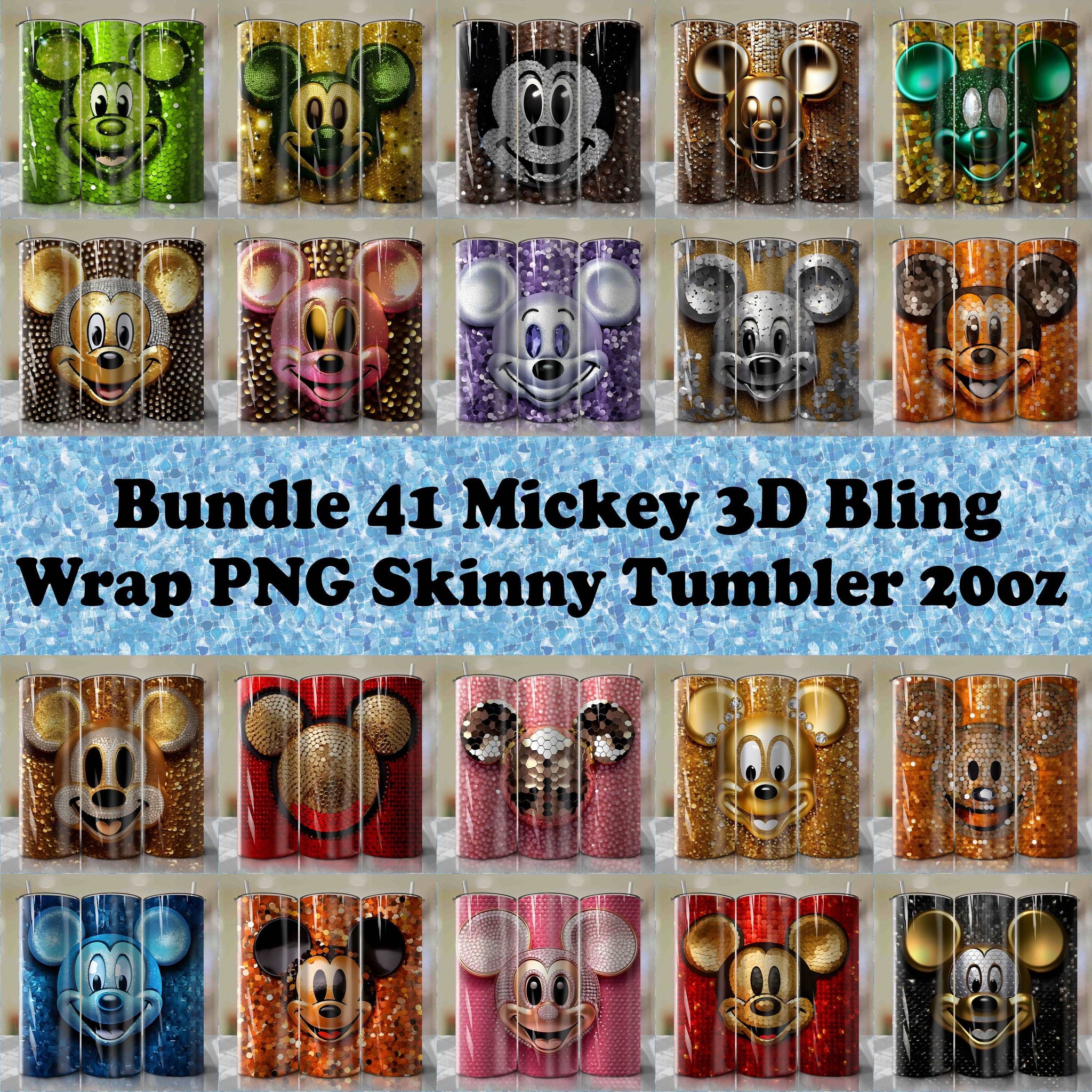 Bundle 41 Mickey Mouse | 3D Bling | Wrap PNG Skinny Tumbler 20oz | Sublimation | Digital Download