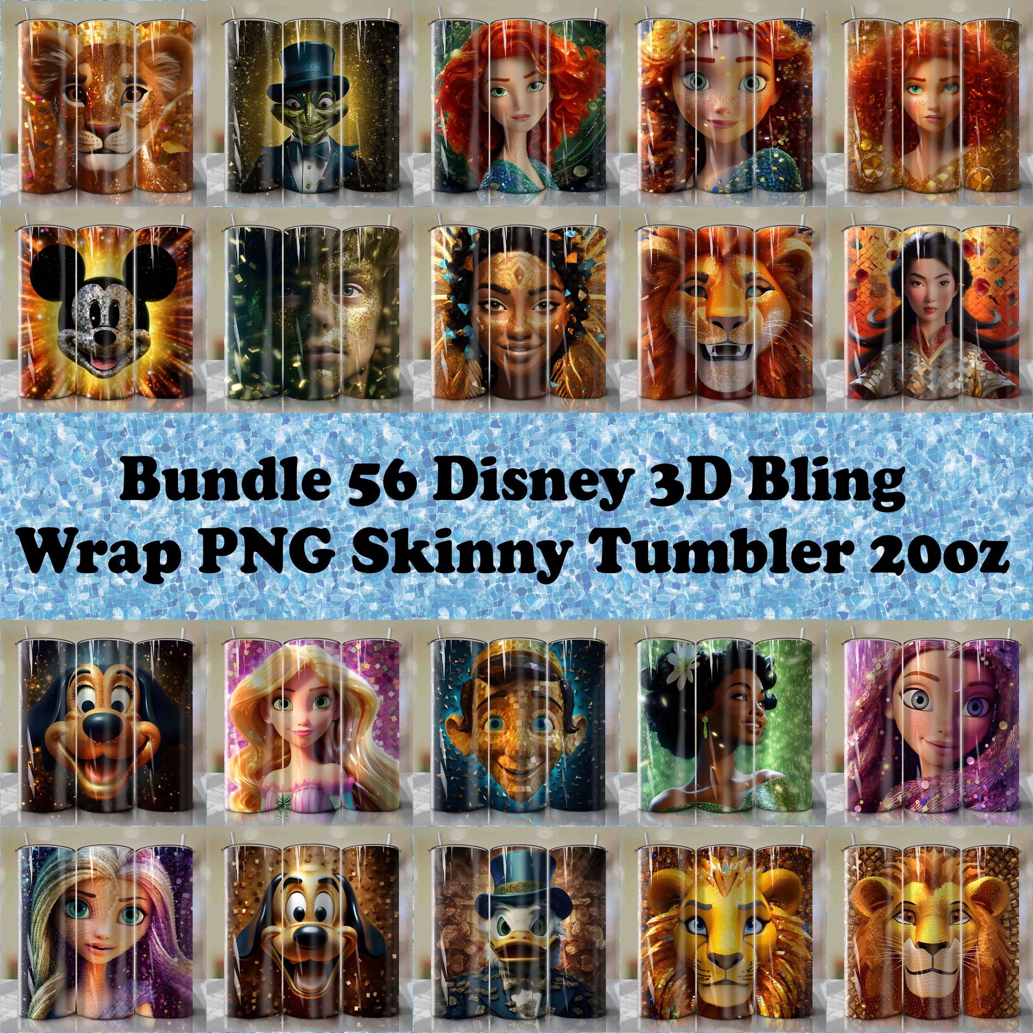 Bundle 56 Disney | 3D Bling | Wrap PNG Skinny Tumbler 20oz | Sublimation | Digital Download