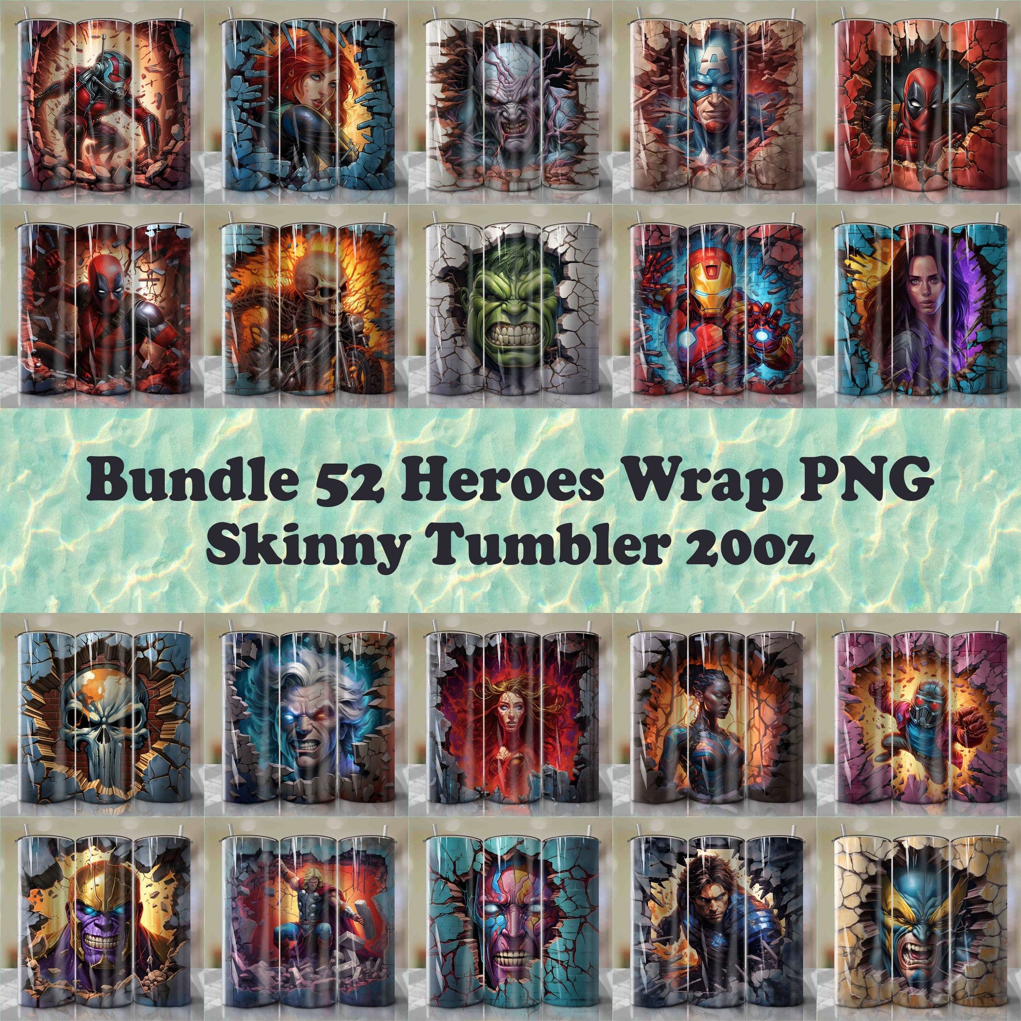 Bundle 52 Heroes Marvel Wrap PNG Skinny Tumbler 20oz - Sublimation 3D Cracked Design | Digital Download