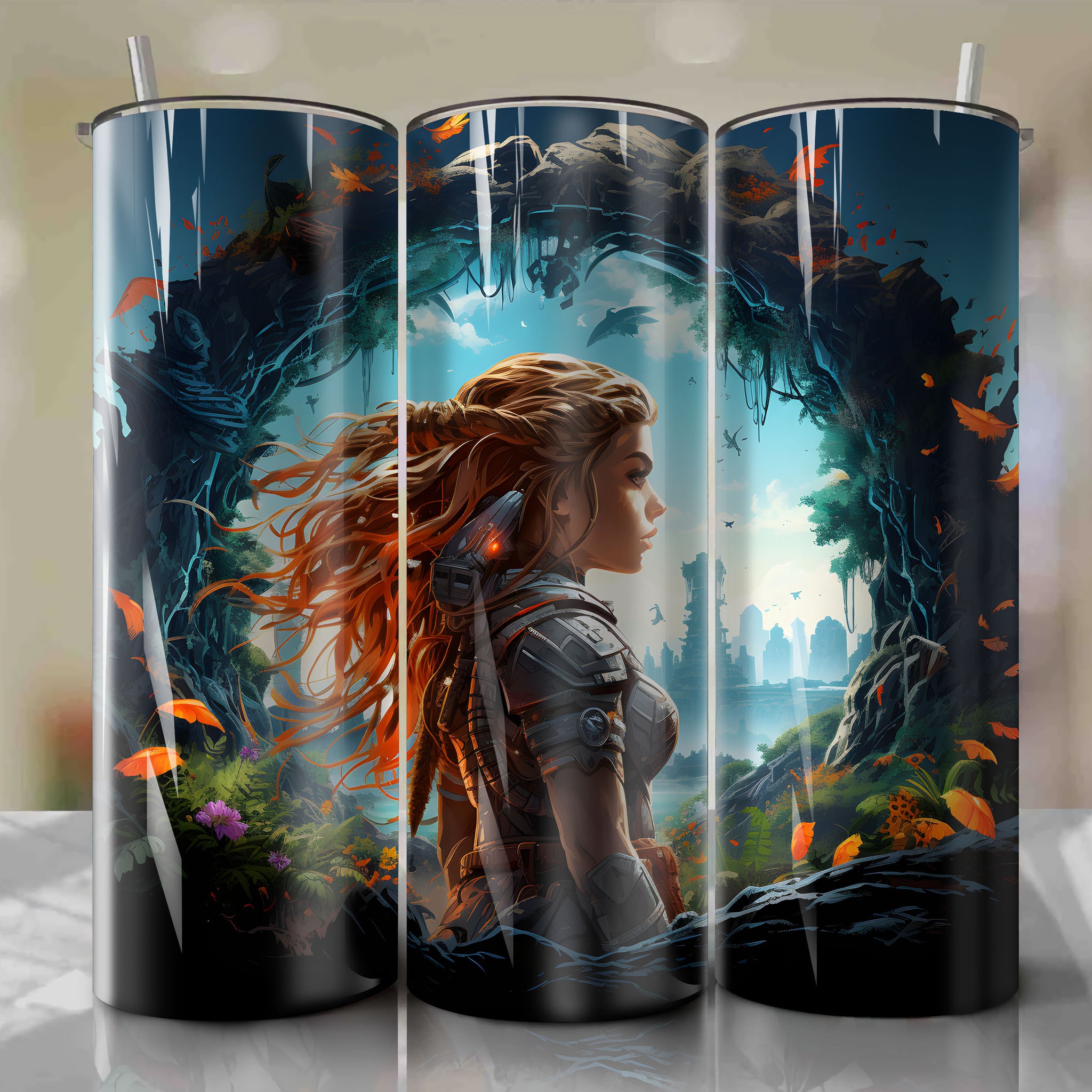 Captivating 3D Illustration of Aloy Emerging from Cracked Hole on 20 oz Tumbler Wrap