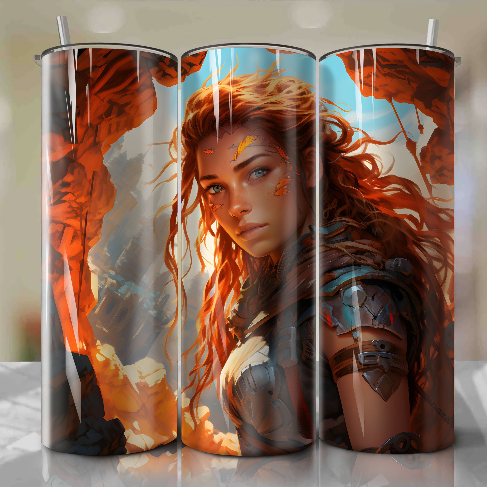 Horizon Zero Dawn 20 Oz Tumbler Wrap - Captivating 3D Illustration by Dan Mumford