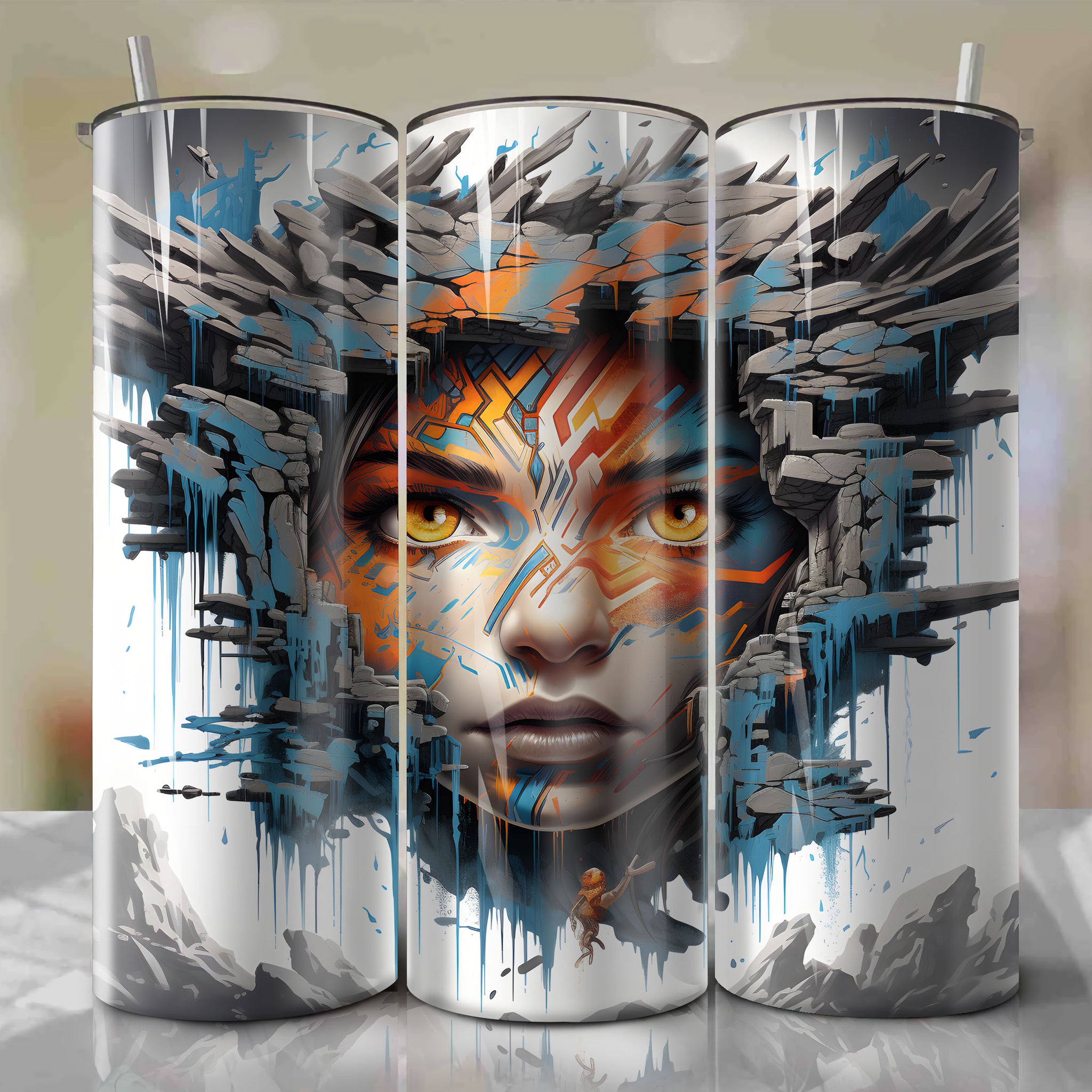 Captivating 3D Illustration of Aloy in Horizon Zero Dawn Landscape on 20 Oz Tumbler Wrap