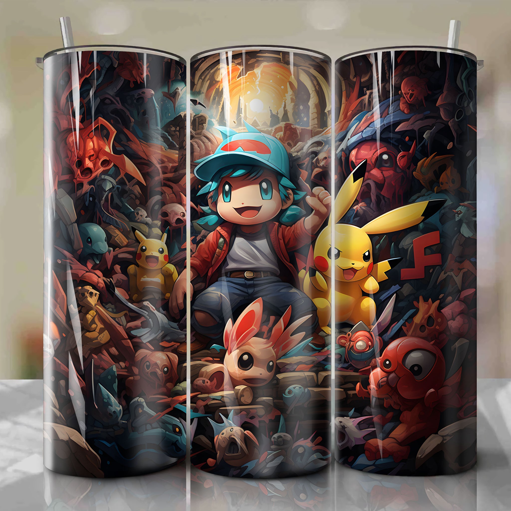 Colorful 3D Ash Ketchum Art | Pokémon-themed 20 Oz Tumbler Wrap