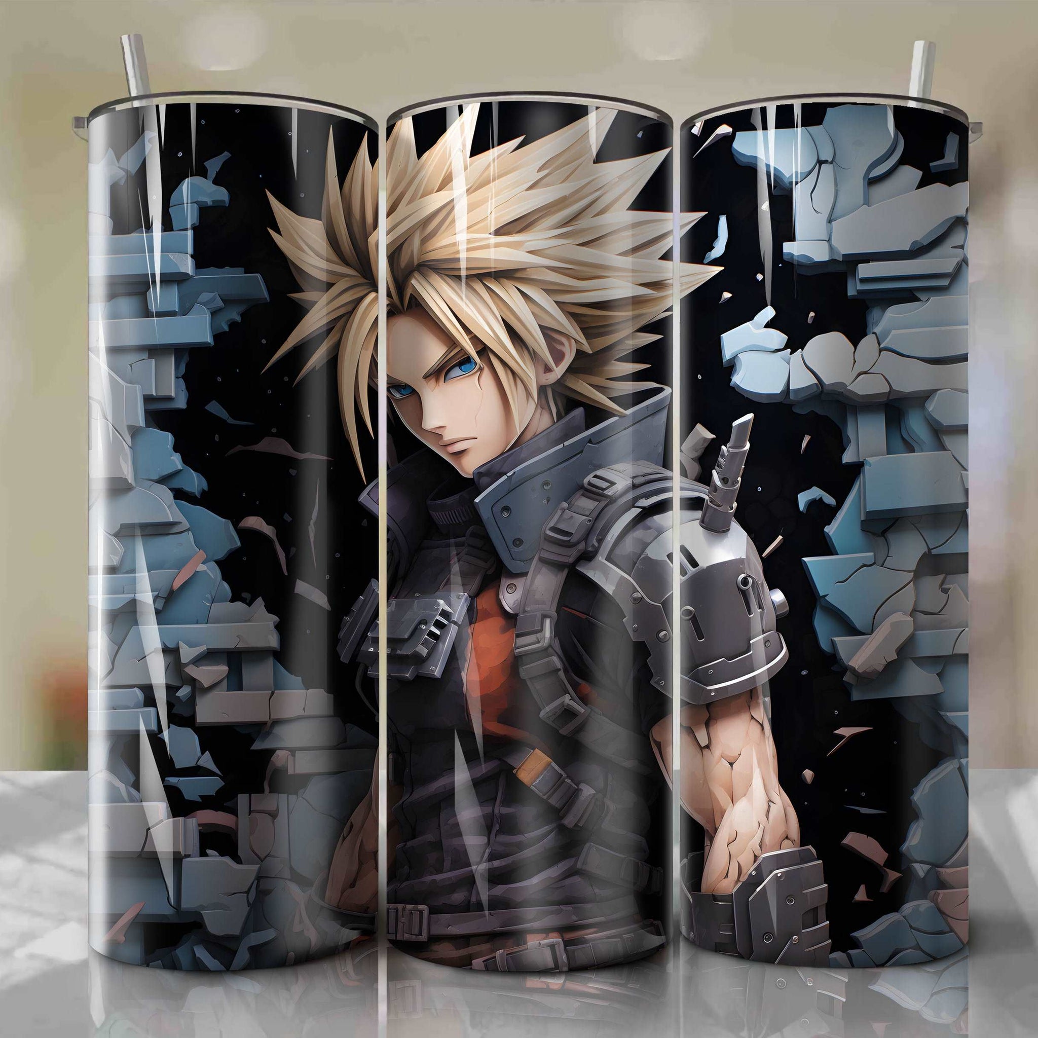 Cloud Strife 20 Oz Tumbler Wrap - A Heroic and Artistic Final Fantasy VII Illustration by Dan Mumford