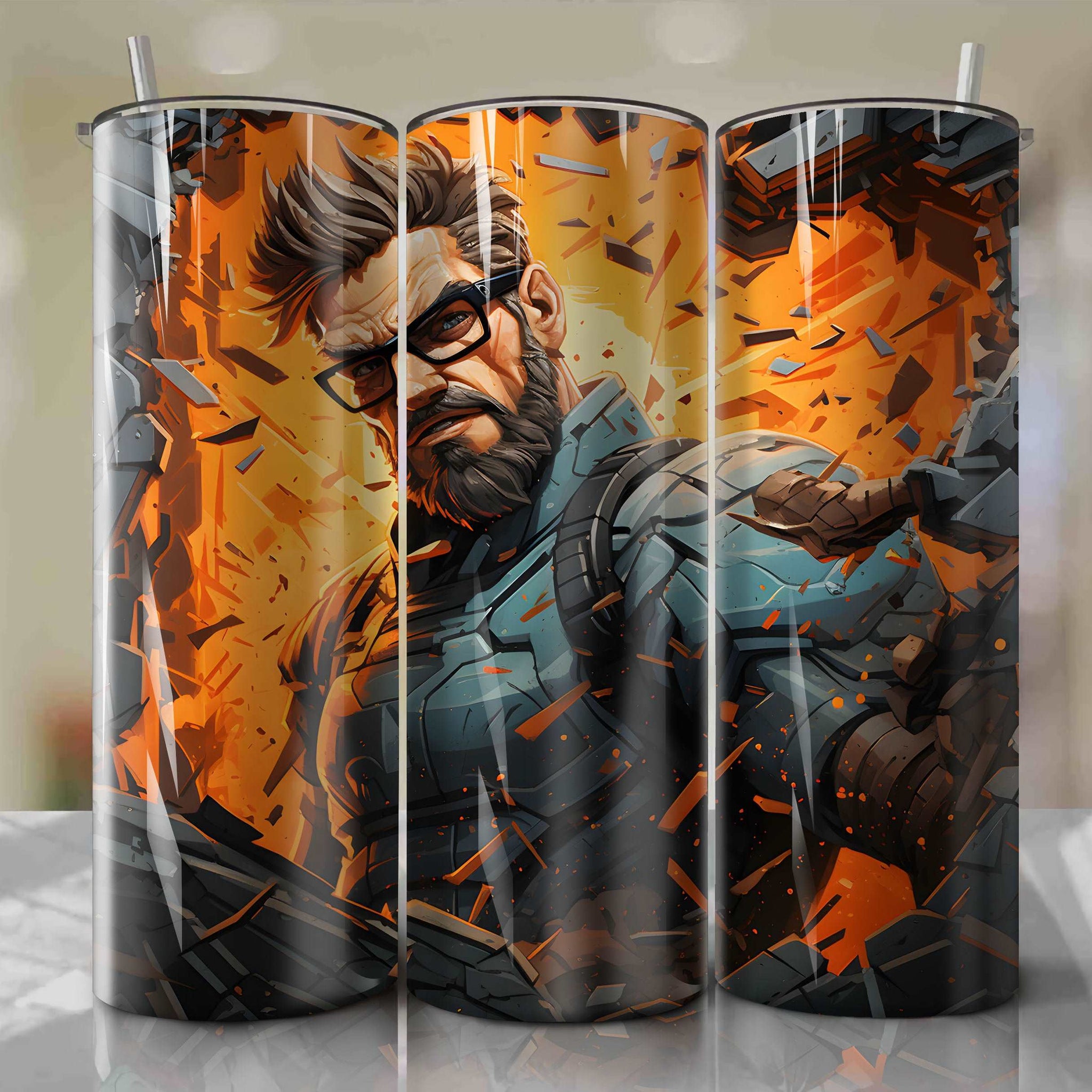 Artistic 20 Oz Tumbler Wrap Depicting Gordon Freeman's Determination, by Dan Mumford