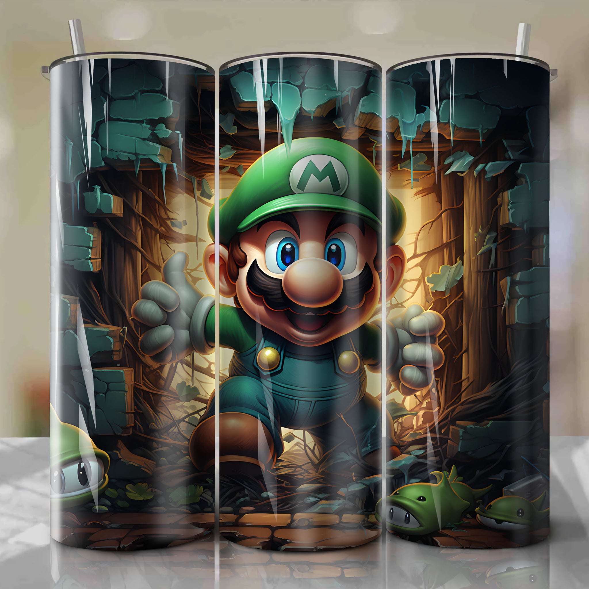 Comical and Artistic 3D Illustration of Luigi Emerging from Cracked Hole - Super Mario 20 Oz Tumbler Wrap