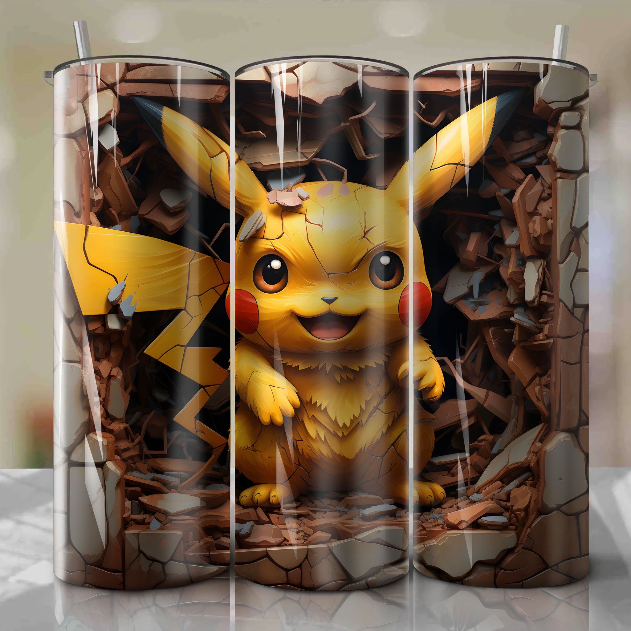 Pikachu 3D Illustration: Adorable 20 Oz Tumbler Wrap, Graffiti Background