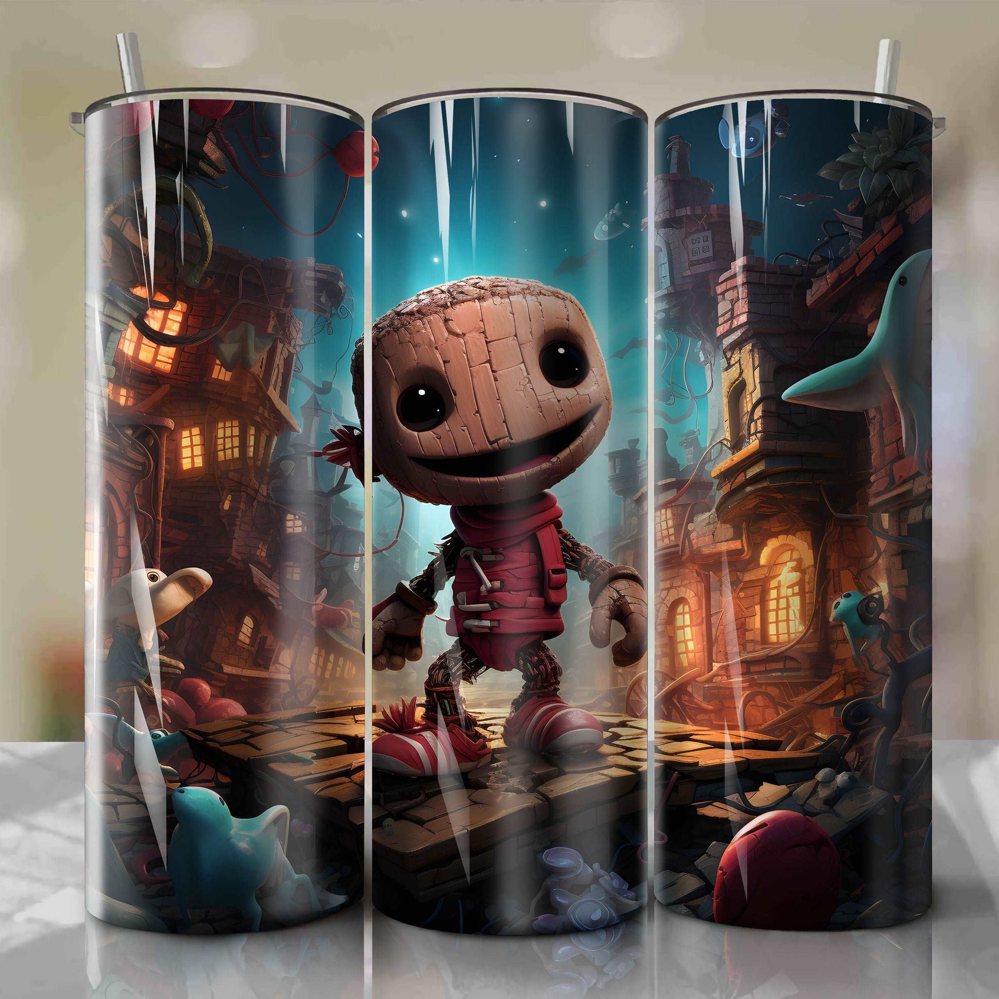 Playful Sackboy 20 Oz Tumbler Wrap - Charming 3D Illustration by Dan Mumford