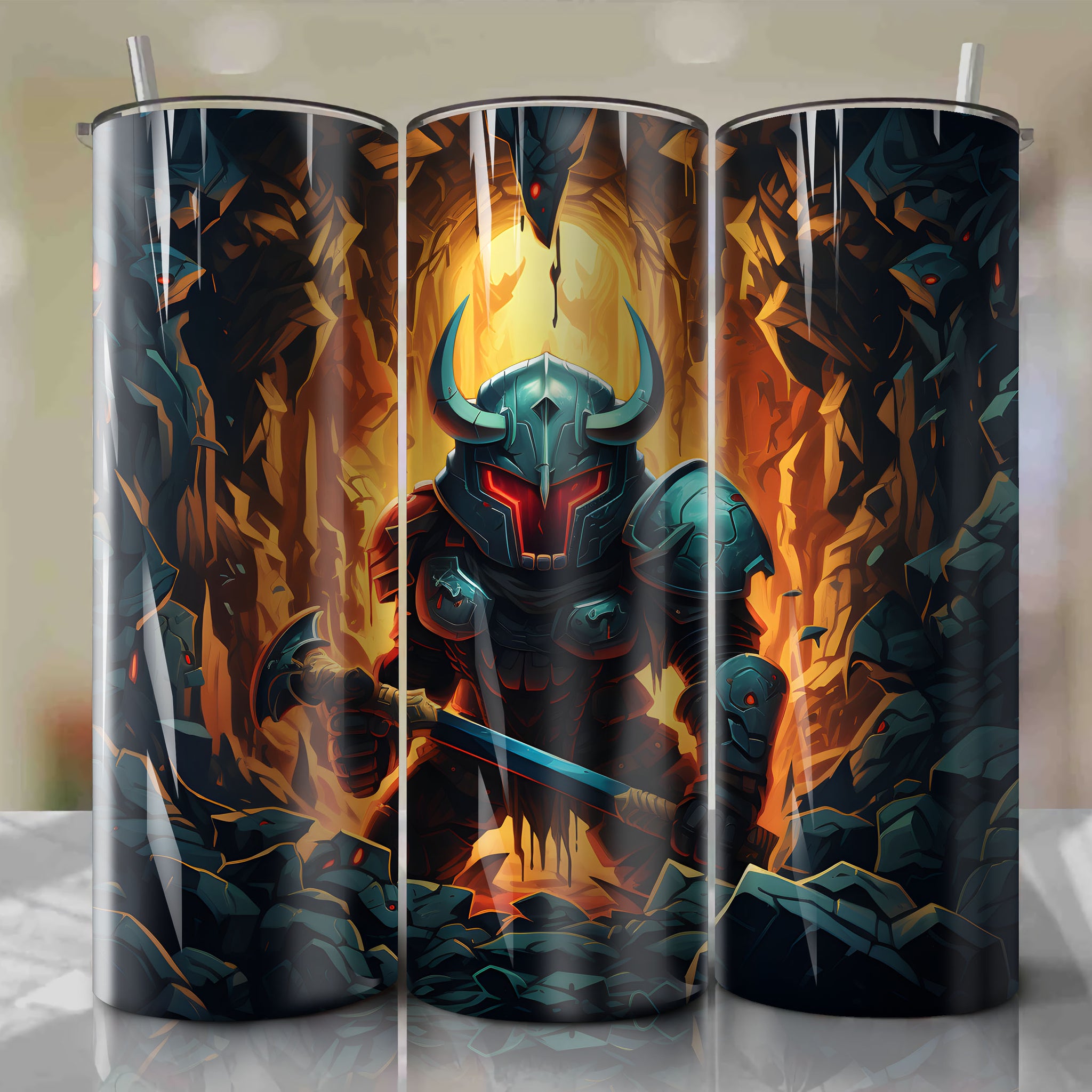 Charming 3D Illustration of Shovel Knight Emerging from a Cracked Hole - 20 Oz Tumbler Wrap