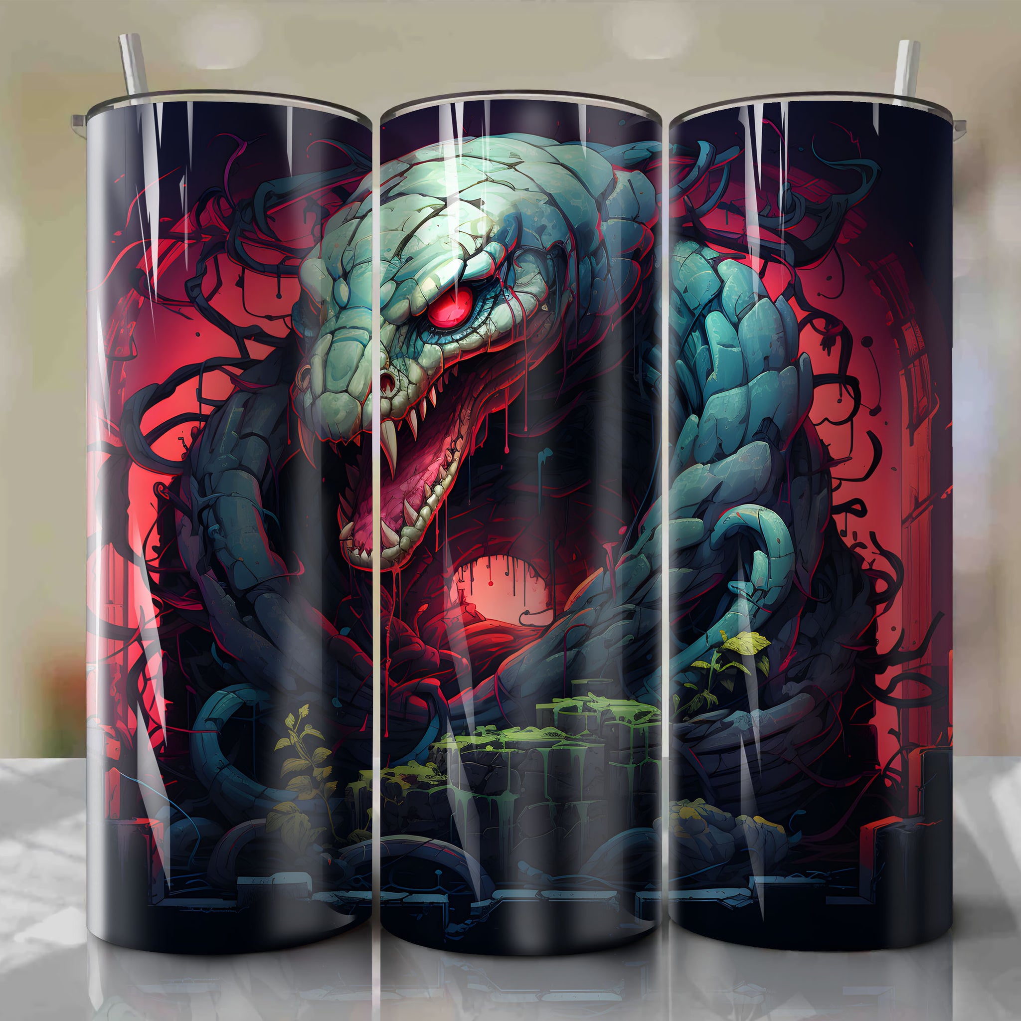 Humorous and Artistic 3D Snake Illustration on 20 Oz Tumbler Wrap.