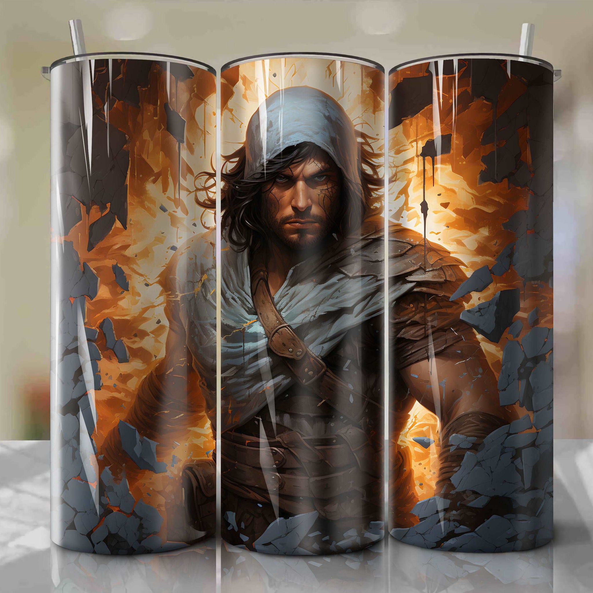 Dynamic 3D Illustration of the Prince of Persia on a 20 Oz Tumbler Wrap - Explore Dan Mumford's Artistry