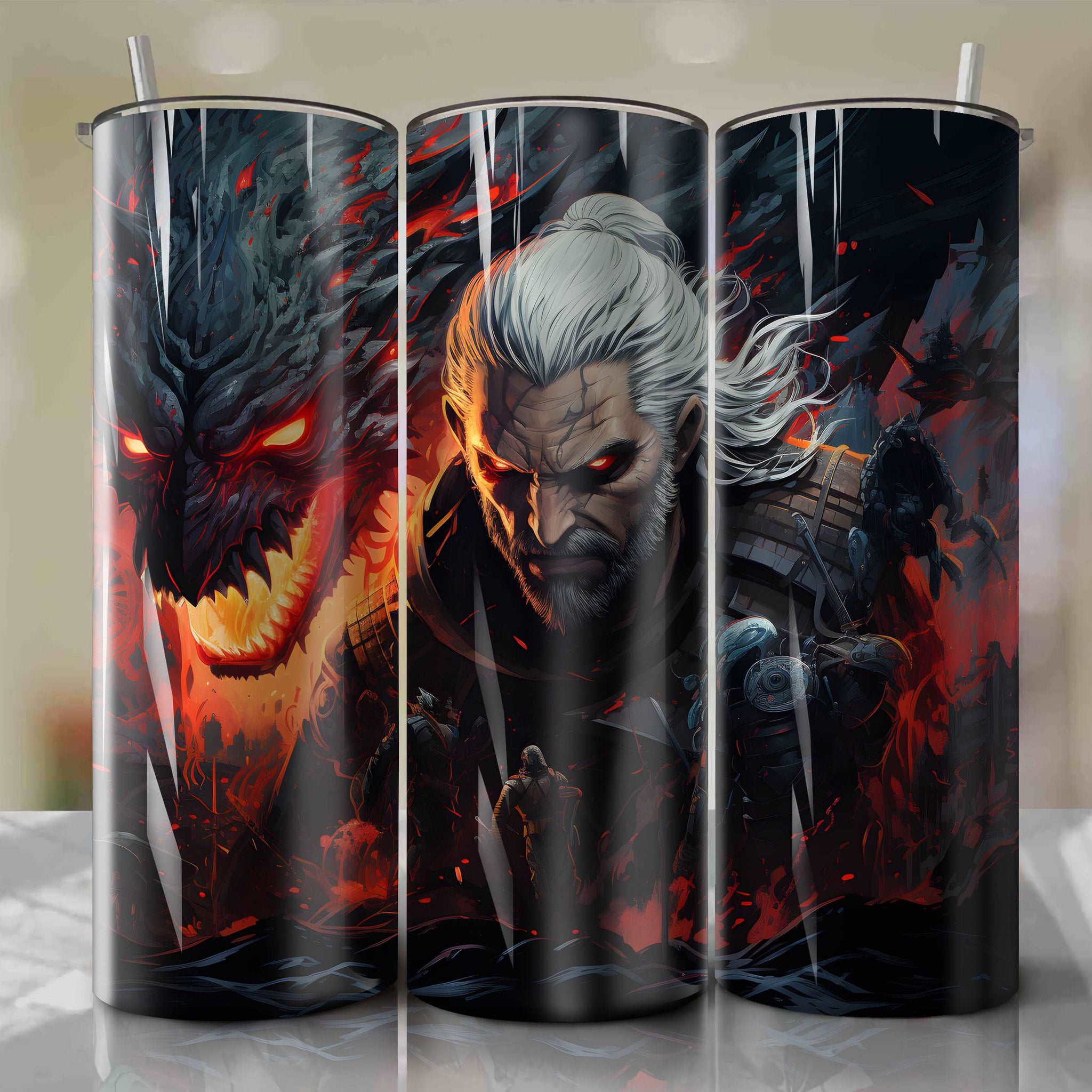 20 Oz Tumbler Wrap, Wild Hunt - Fascinating 3D Depiction of Geralt of Rivia